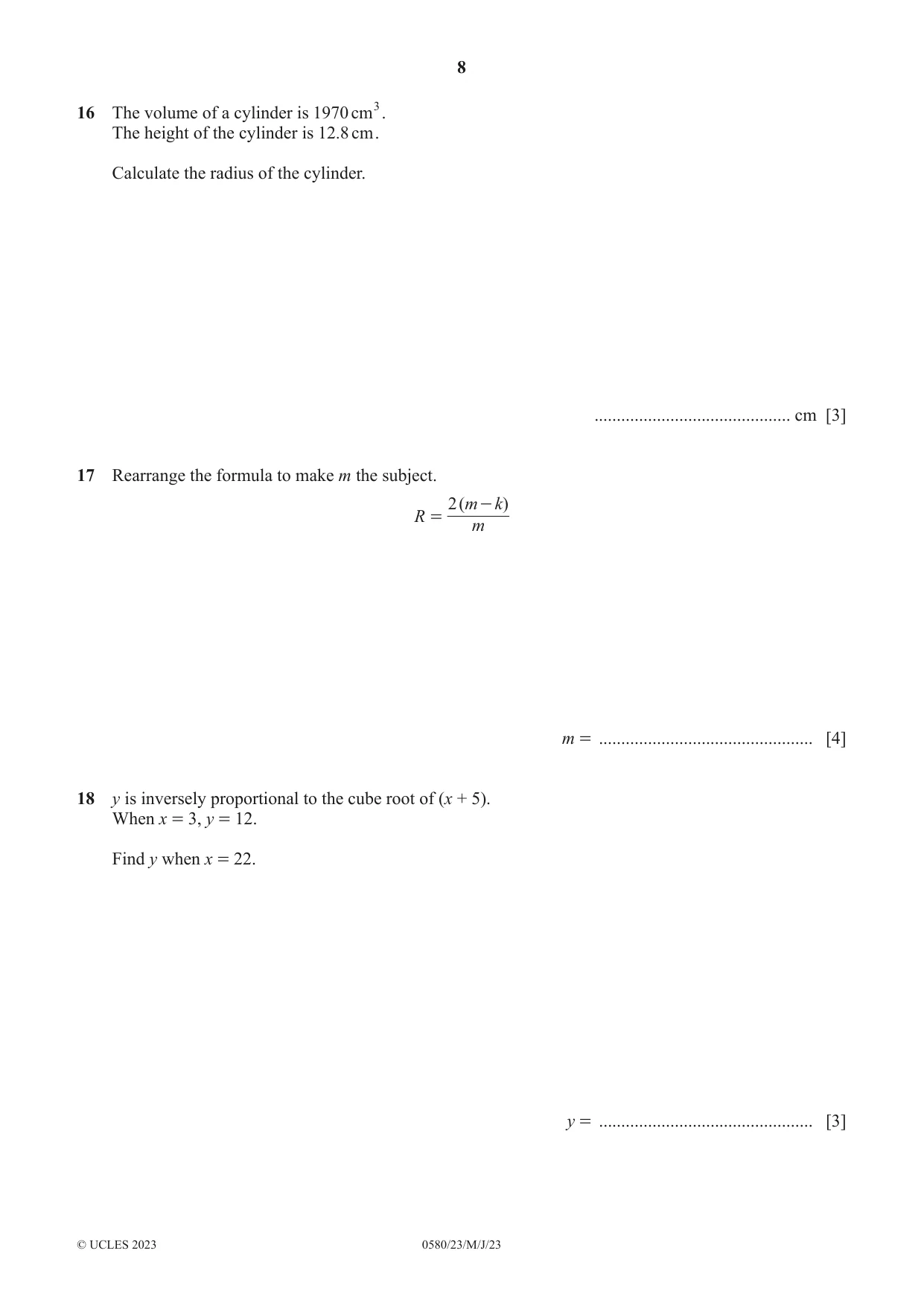 Cambridge IGCSE Mathematics 0580 2023 May/June Paper 2 · Variant 3 question paper, page 8 of 12