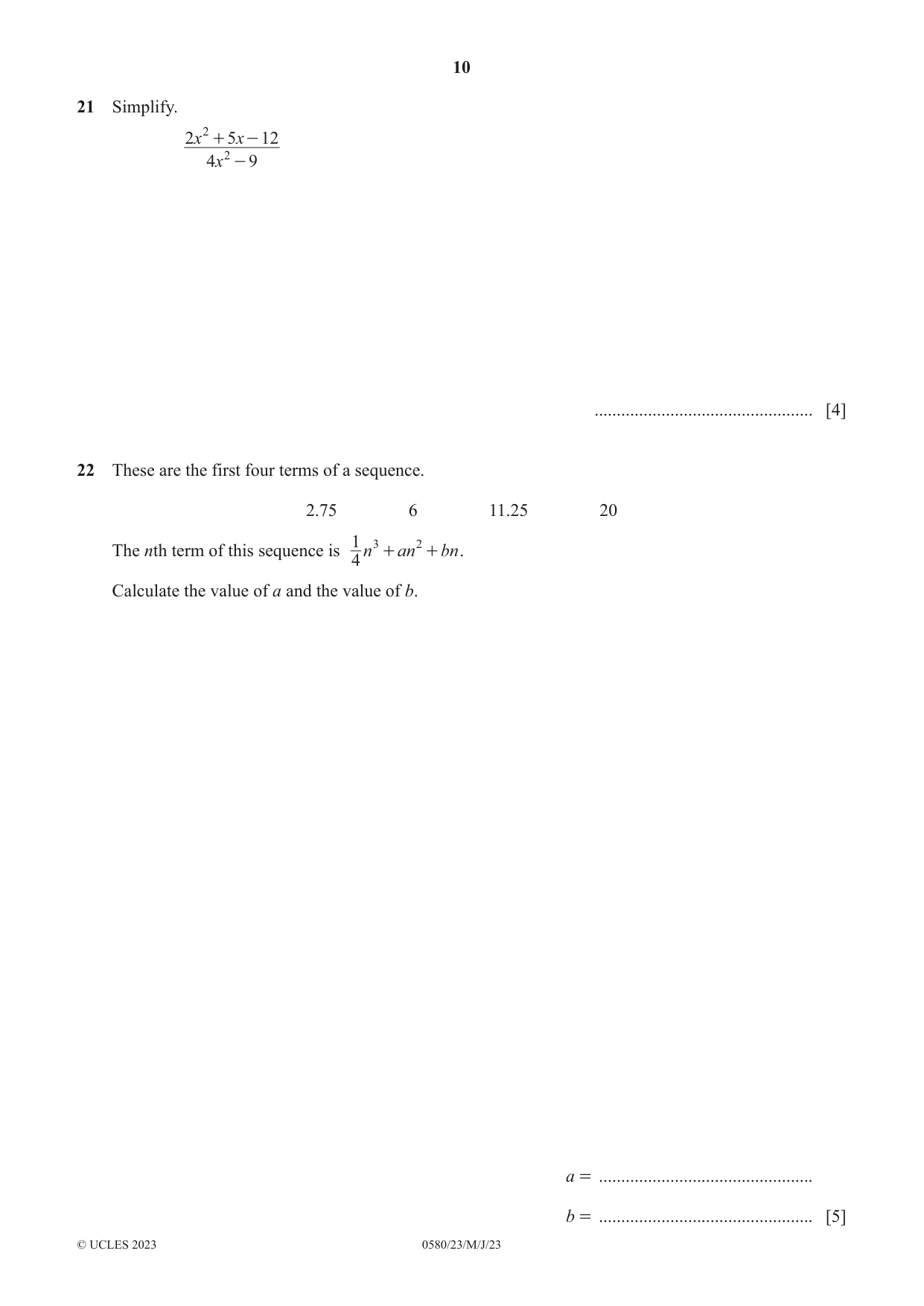 Cambridge IGCSE Mathematics 0580 2023 May/June Paper 2 · Variant 3 question paper, page 10 of 12