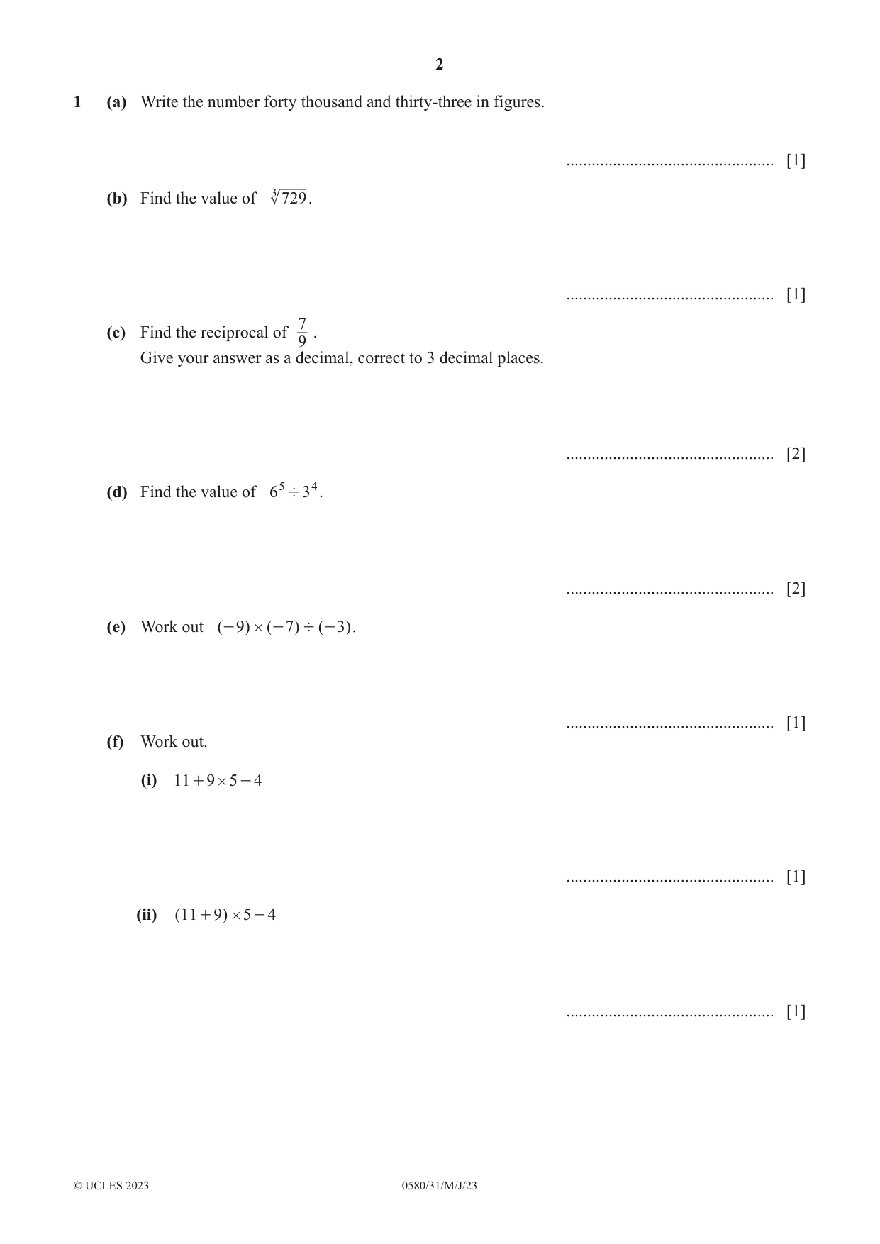 Cambridge IGCSE Mathematics 0580 2023 May/June Paper 3 · Variant 1 question paper, page 2 of 20