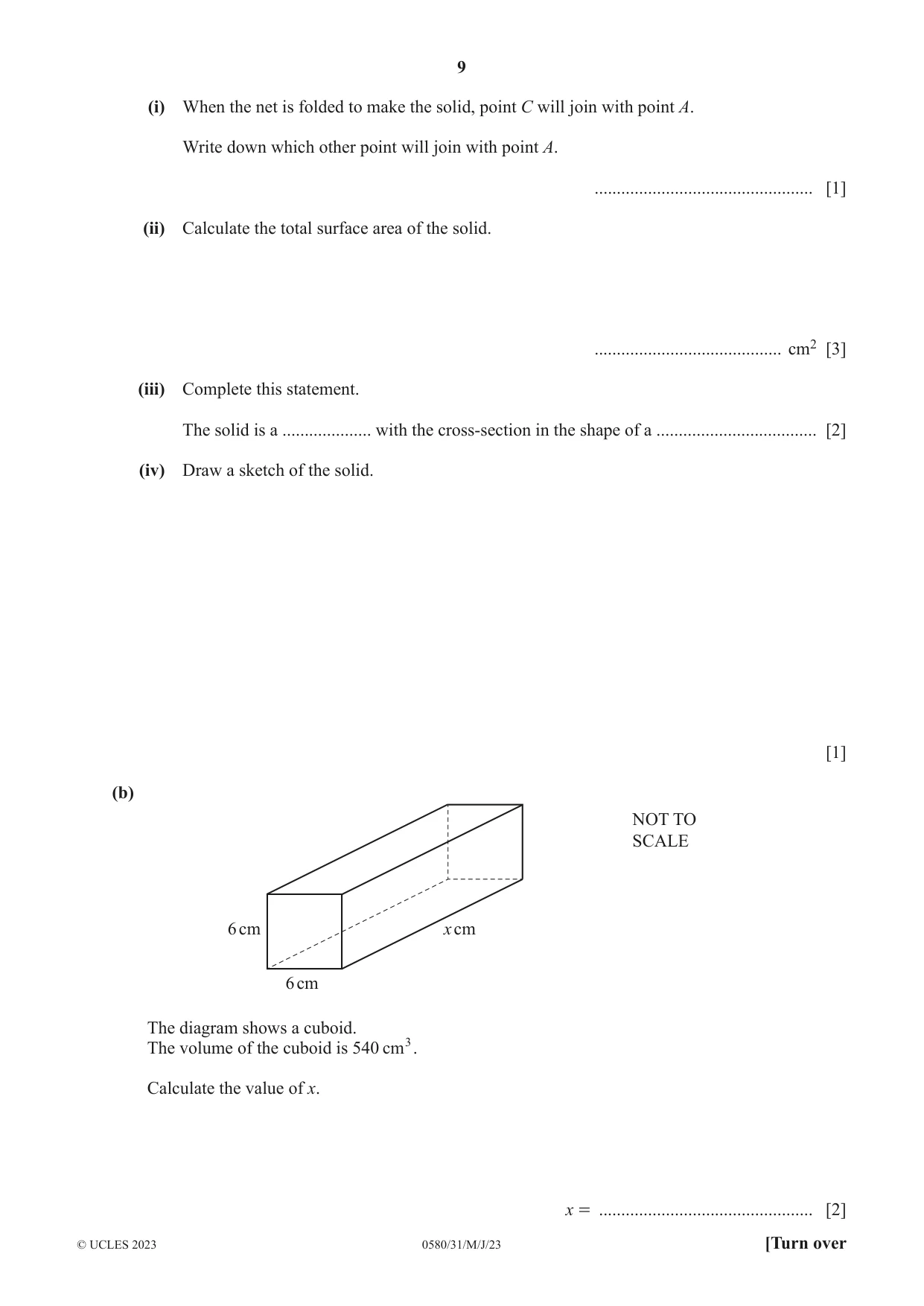 Cambridge IGCSE Mathematics 0580 2023 May/June Paper 3 · Variant 1 question paper, page 9 of 20