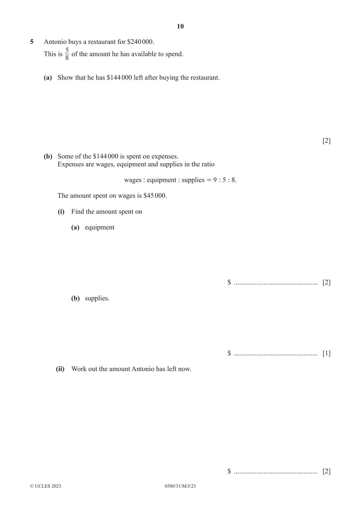Cambridge IGCSE Mathematics 0580 2023 May/June Paper 3 · Variant 1 question paper, page 10 of 20