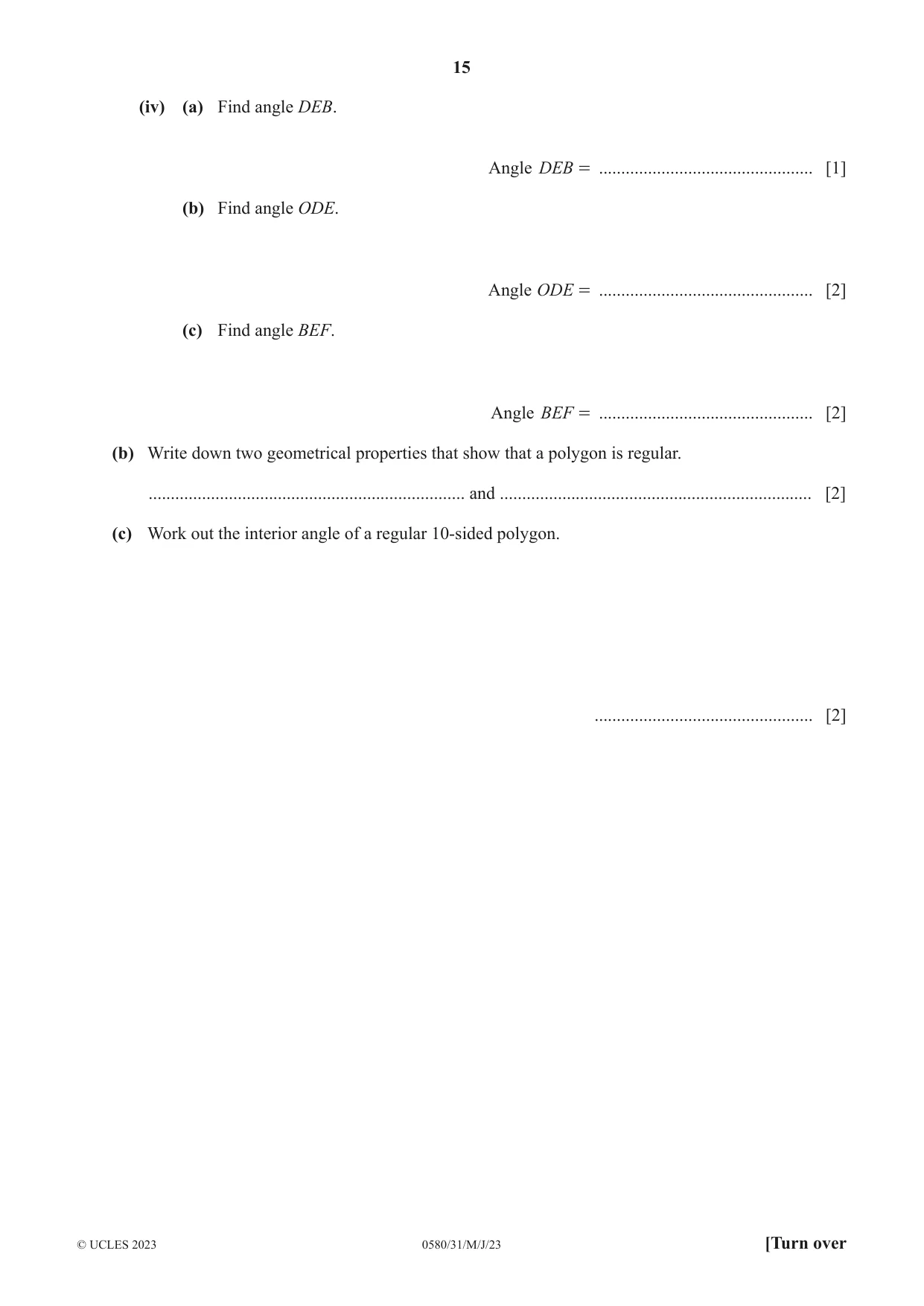 Cambridge IGCSE Mathematics 0580 2023 May/June Paper 3 · Variant 1 question paper, page 15 of 20