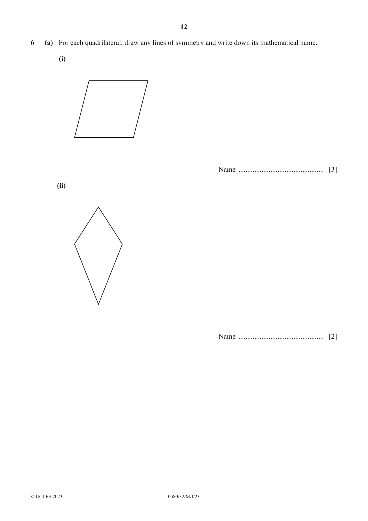 Cambridge IGCSE Mathematics 0580 2023 May/June Paper 3 · Variant 2 question paper, page 12 of 20