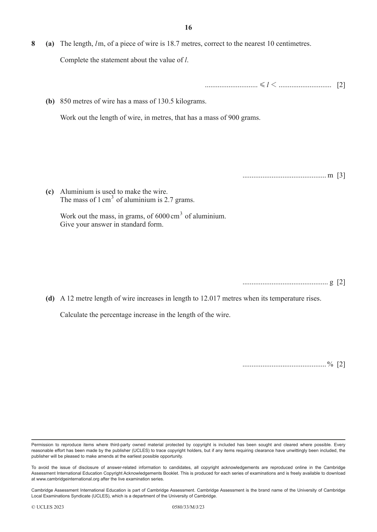 Cambridge IGCSE Mathematics 0580 2023 May/June Paper 3 · Variant 3 question paper, page 16 of 16