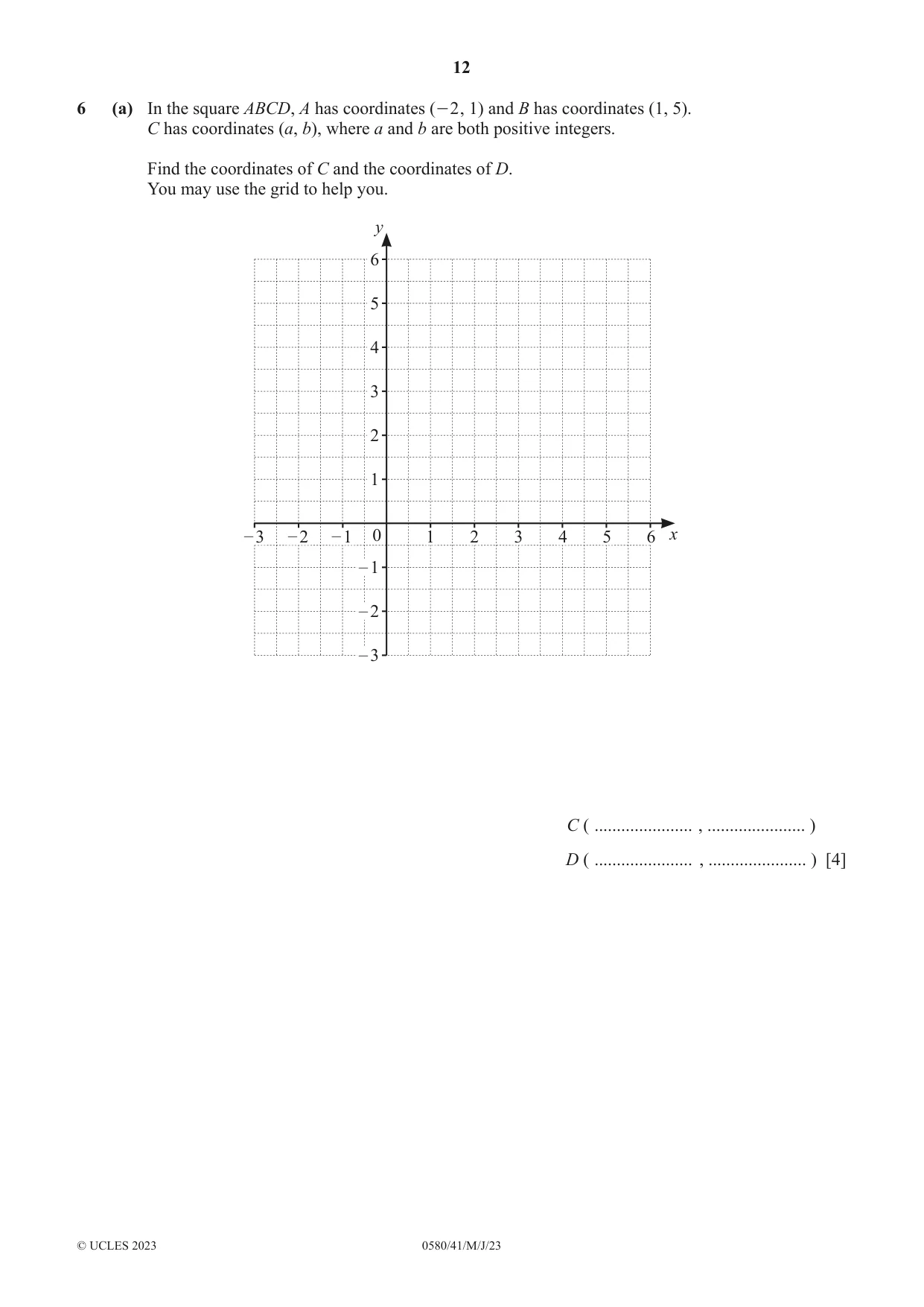 Cambridge IGCSE Mathematics 0580 2023 May/June Paper 4 · Variant 1 question paper, page 12 of 20