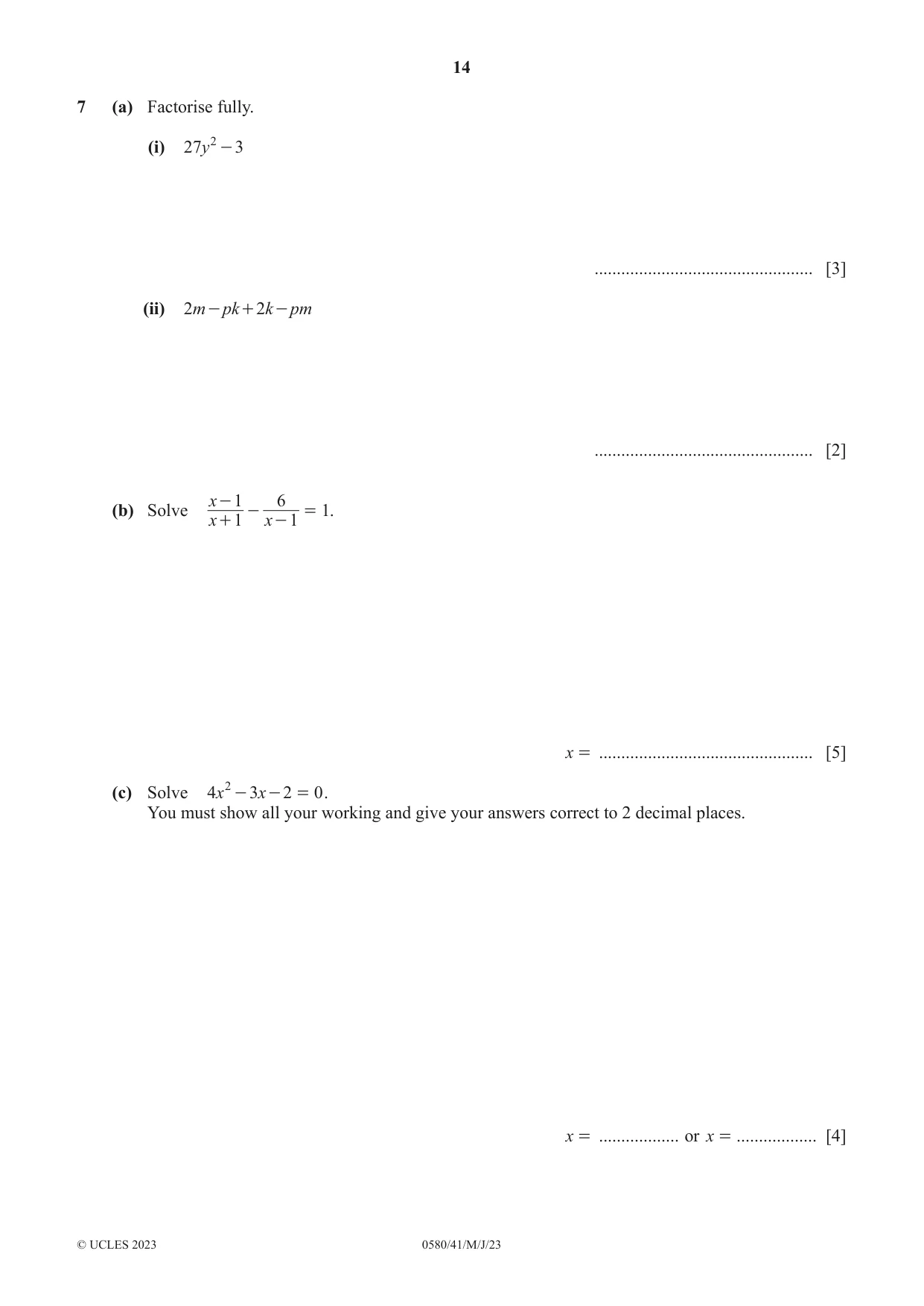 Cambridge IGCSE Mathematics 0580 2023 May/June Paper 4 · Variant 1 question paper, page 14 of 20