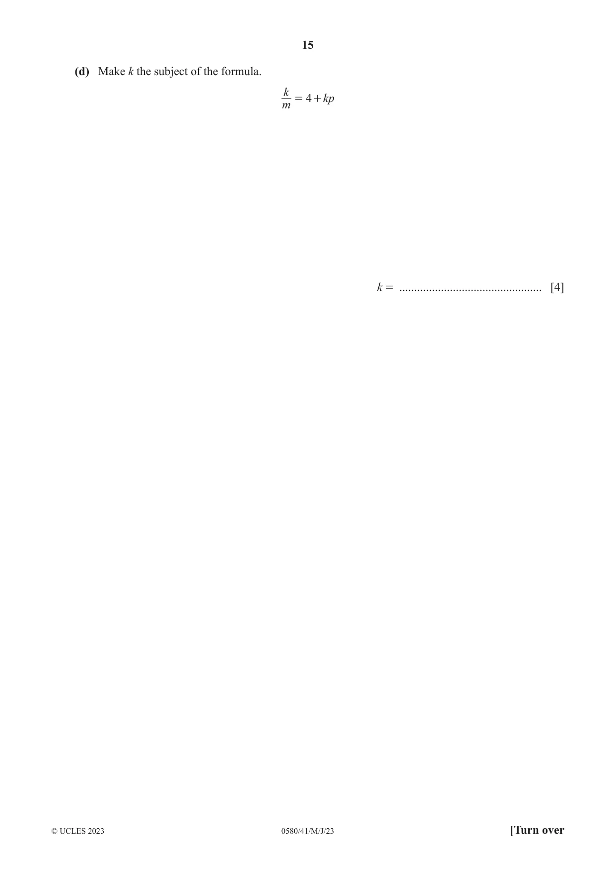 Cambridge IGCSE Mathematics 0580 2023 May/June Paper 4 · Variant 1 question paper, page 15 of 20