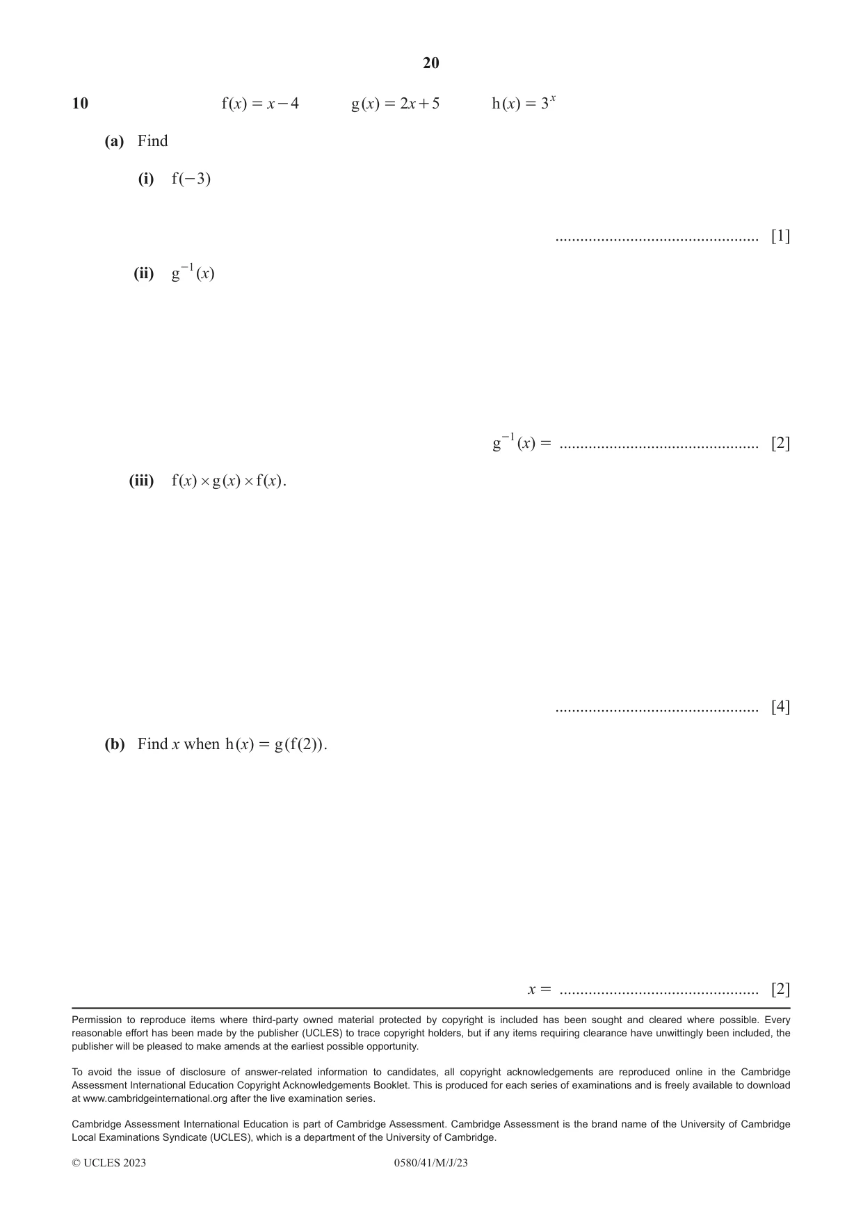Cambridge IGCSE Mathematics 0580 2023 May/June Paper 4 · Variant 1 question paper, page 20 of 20