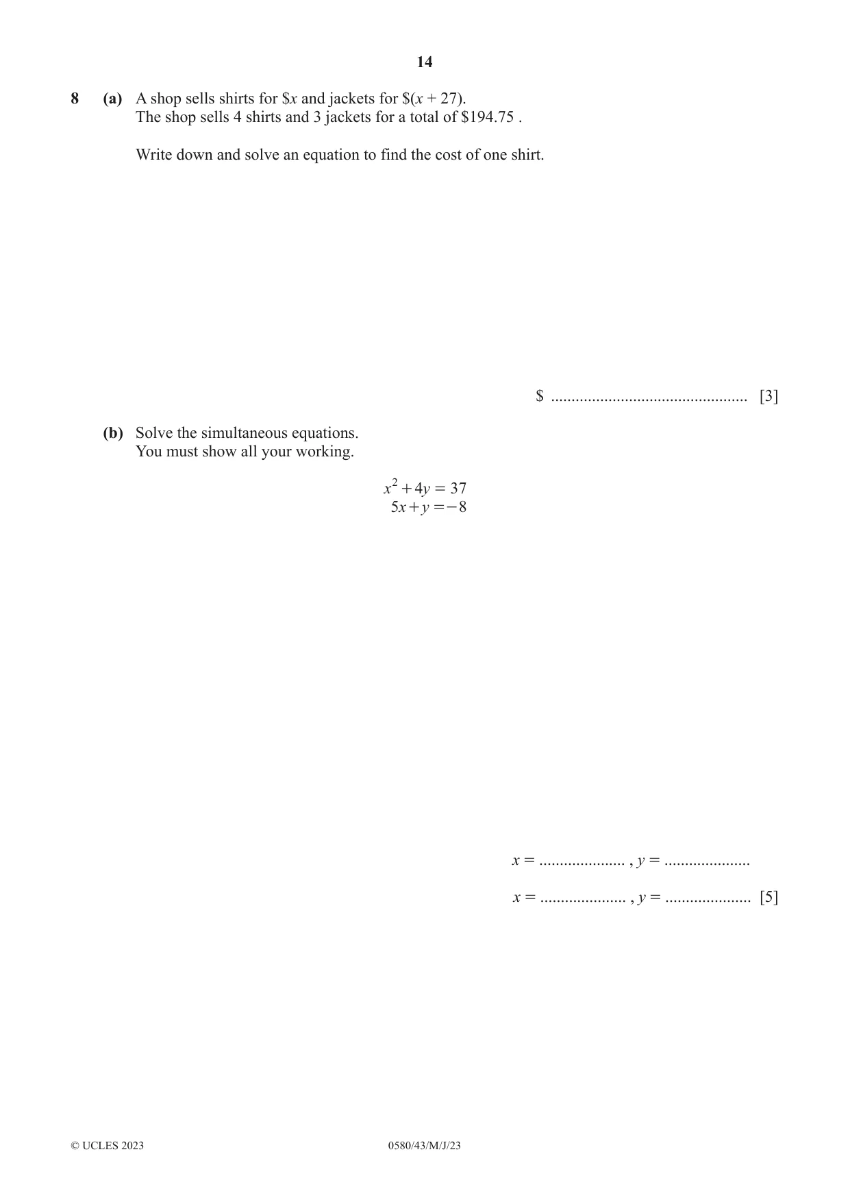 Cambridge IGCSE Mathematics 0580 2023 May/June Paper 4 · Variant 3 question paper, page 14 of 20