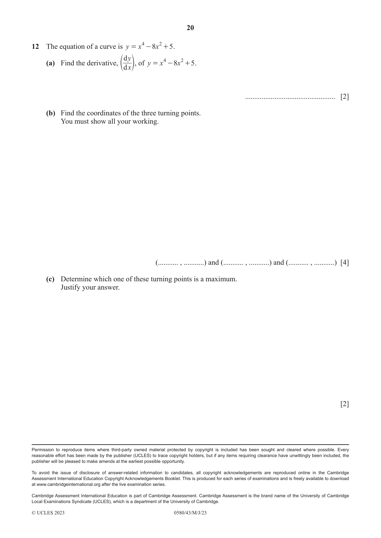 Cambridge IGCSE Mathematics 0580 2023 May/June Paper 4 · Variant 3 question paper, page 20 of 20