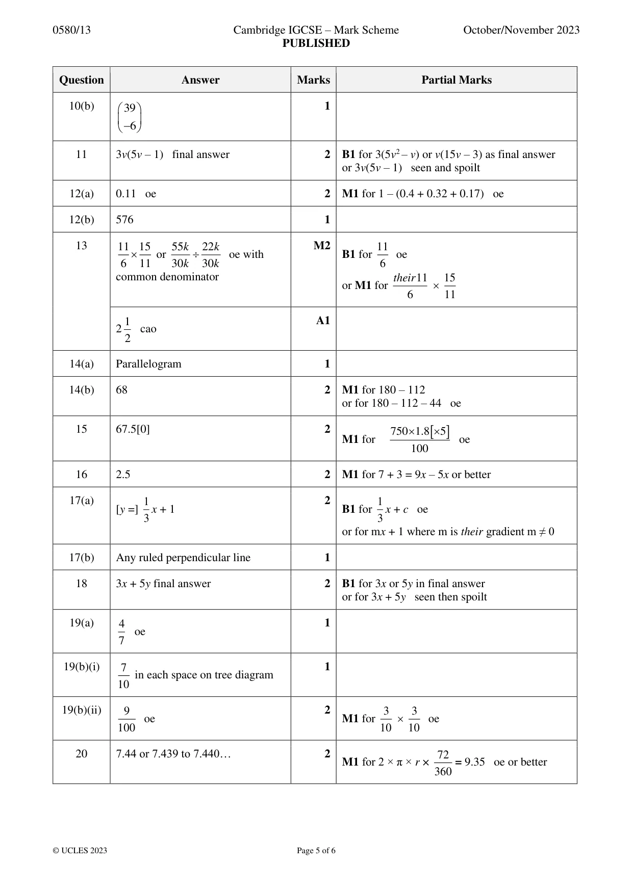 Mark scheme, page 5 of 6