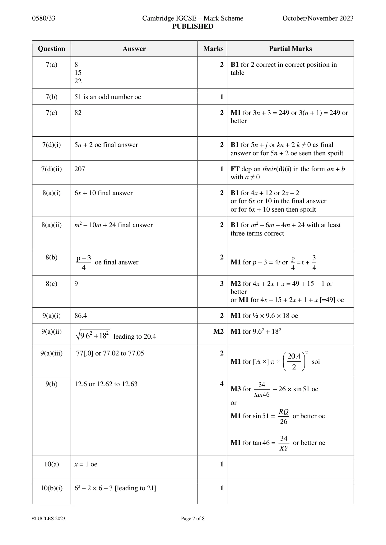 Mark scheme, page 7 of 8