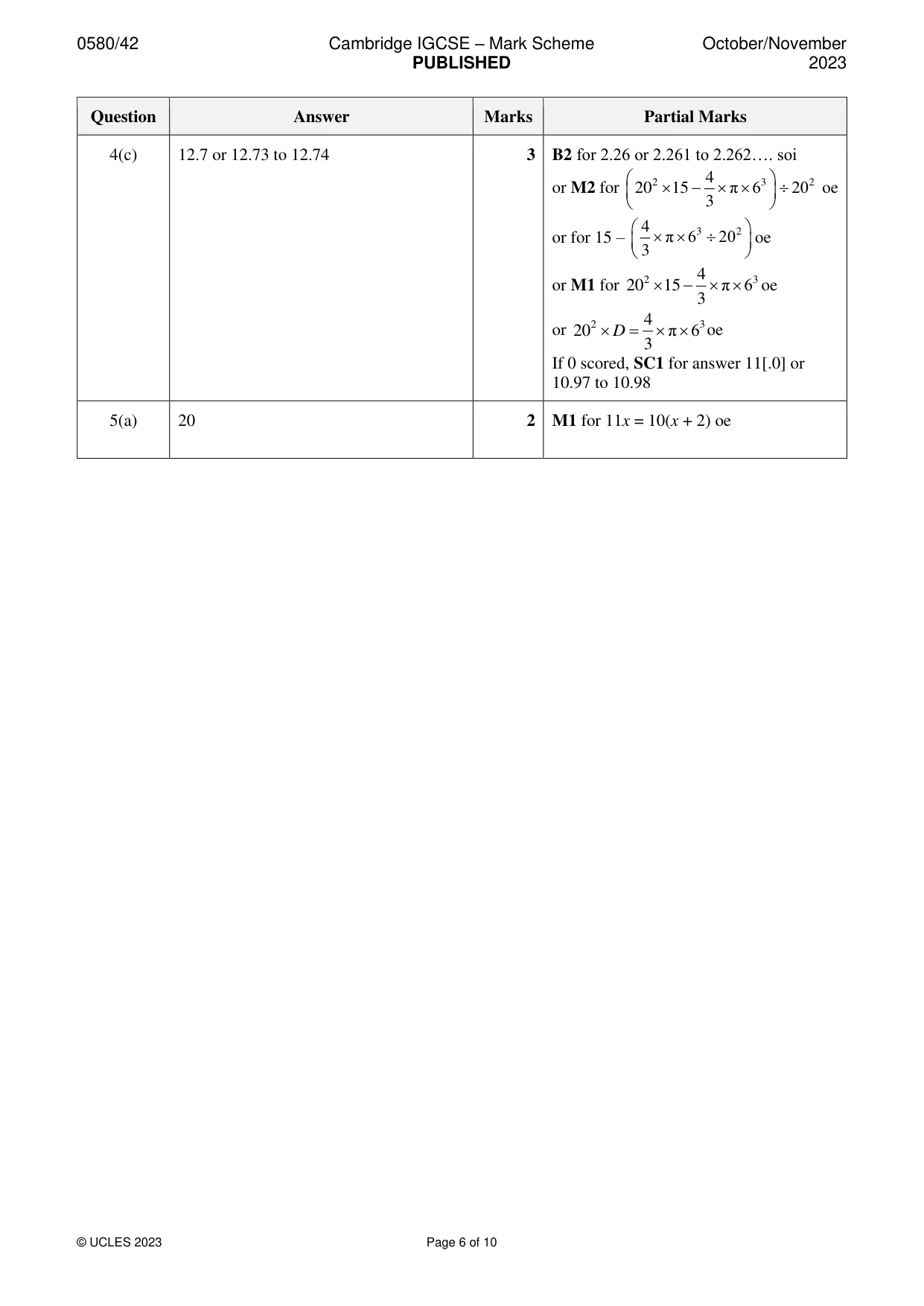 Mark scheme, page 6 of 10
