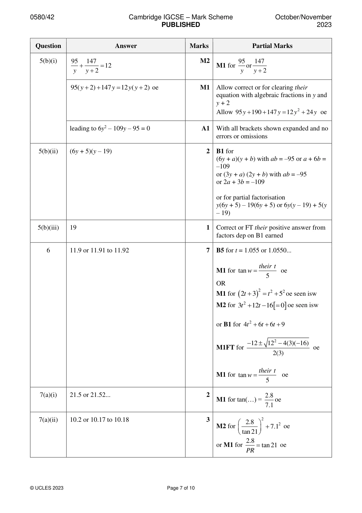 Mark scheme, page 7 of 10
