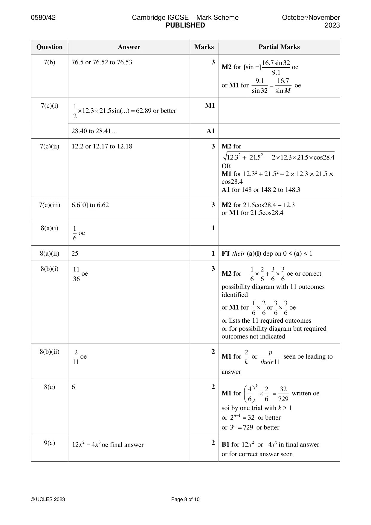 Mark scheme, page 8 of 10