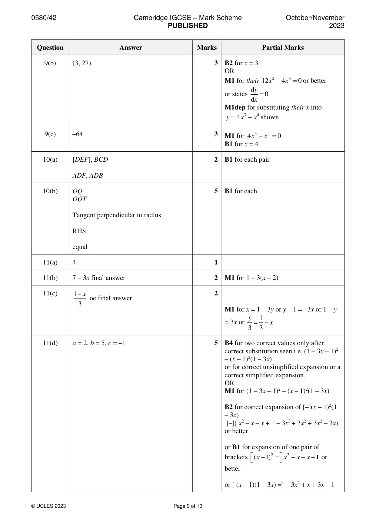 Mark scheme, page 9 of 10