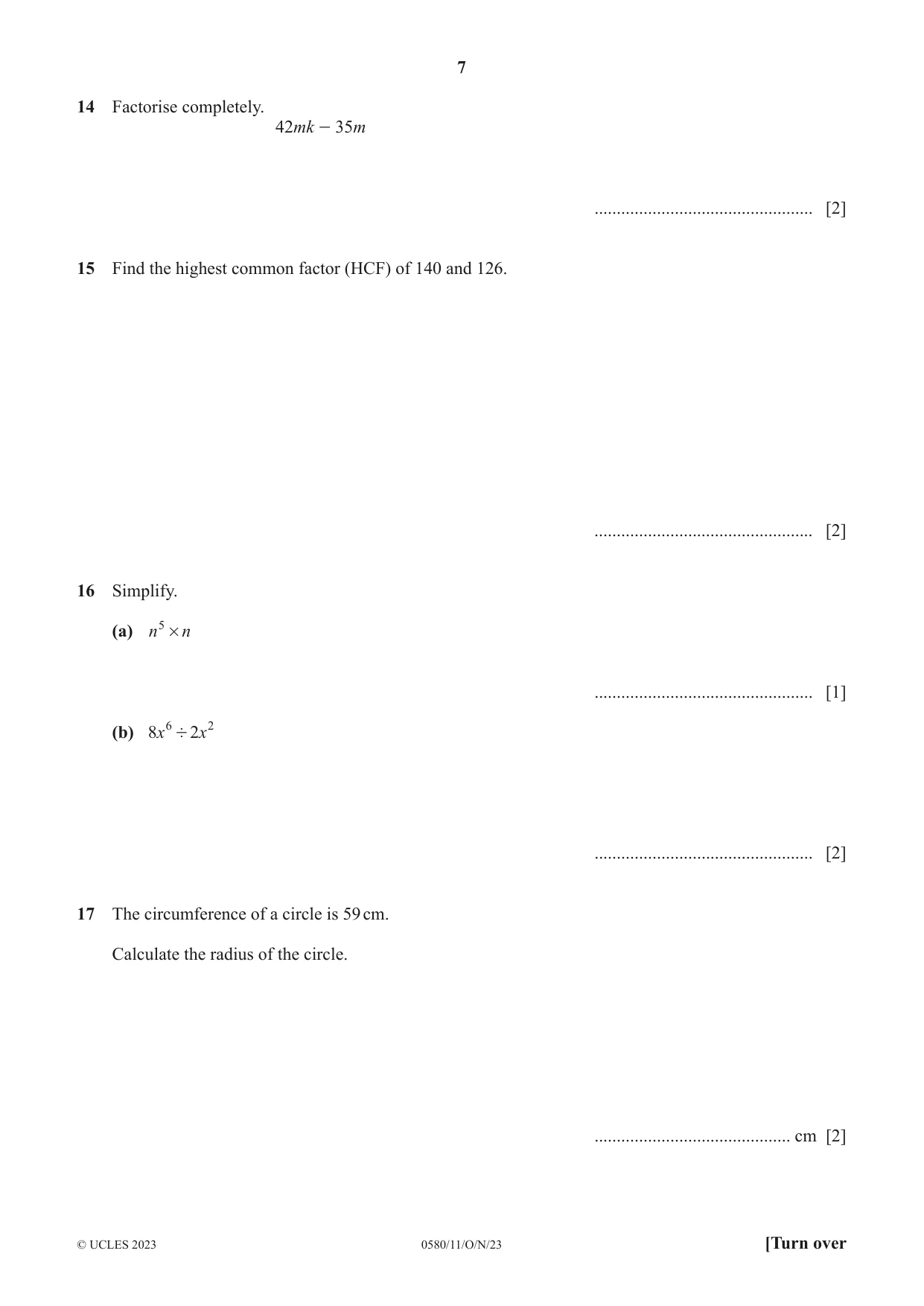 Cambridge IGCSE Mathematics 0580 2023 Oct/Nov Paper 1 · Variant 1 question paper, page 7 of 12