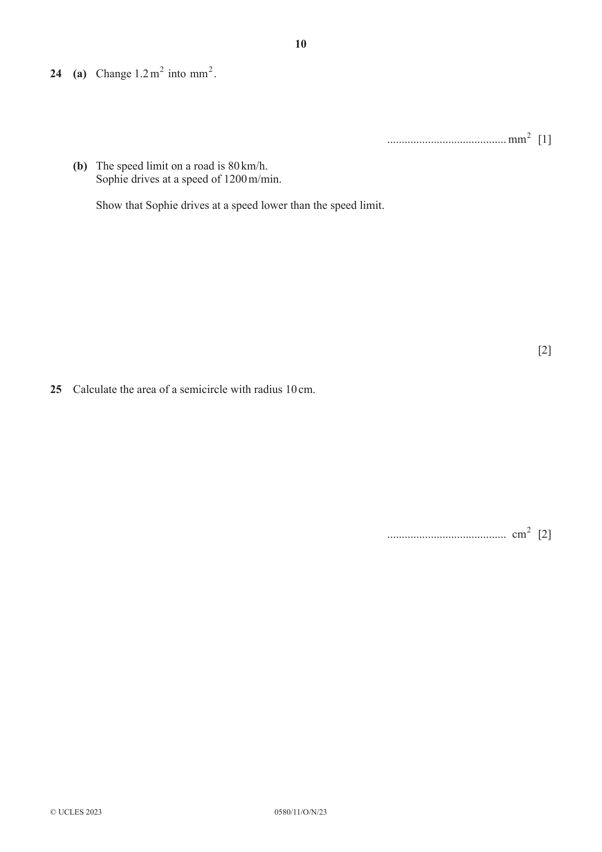 Cambridge IGCSE Mathematics 0580 2023 Oct/Nov Paper 1 · Variant 1 question paper, page 10 of 12
