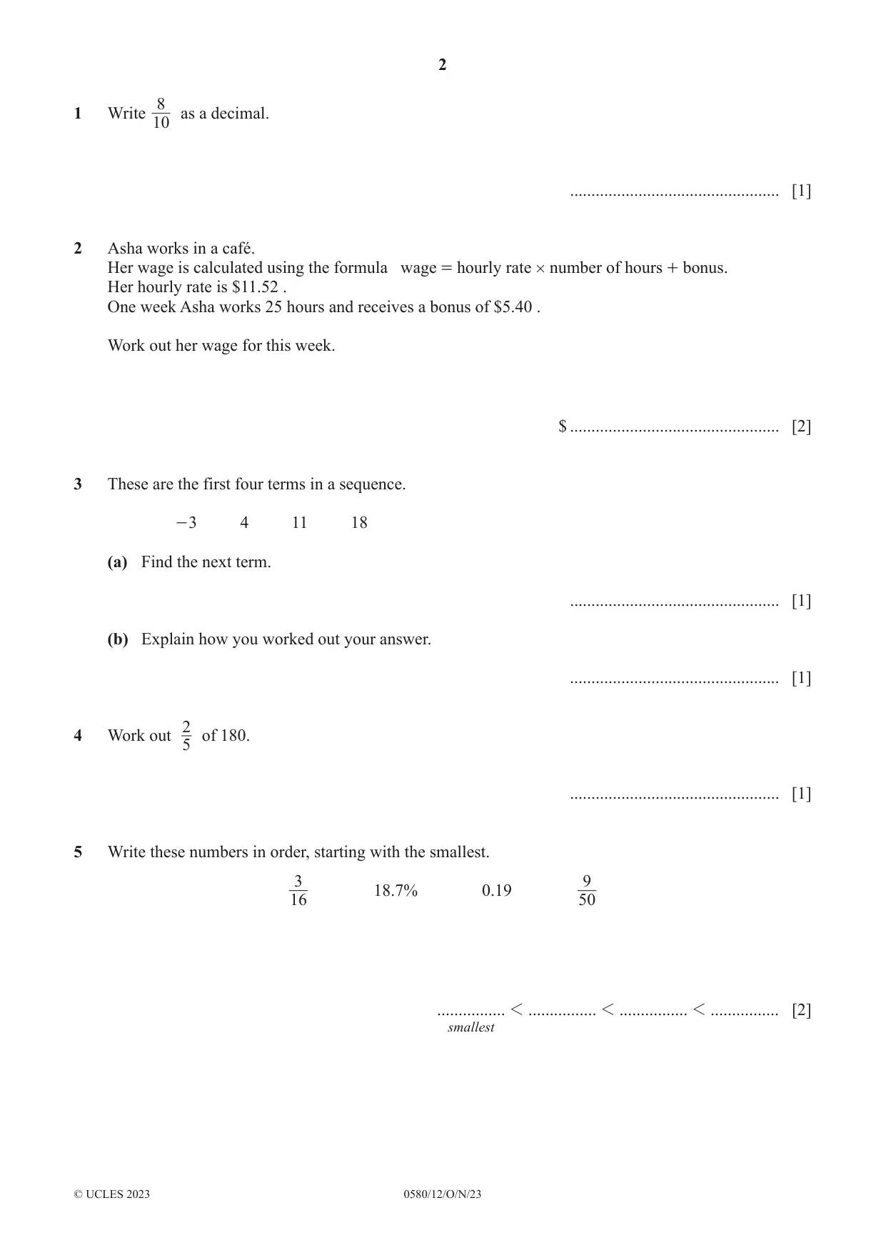 Cambridge IGCSE Mathematics 0580 2023 Oct/Nov Paper 1 · Variant 2 question paper, page 2 of 12