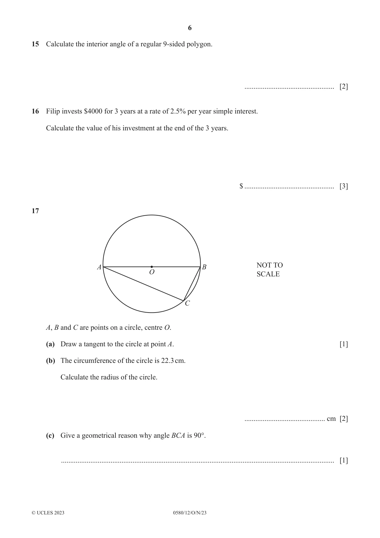 Cambridge IGCSE Mathematics 0580 2023 Oct/Nov Paper 1 · Variant 2 question paper, page 6 of 12