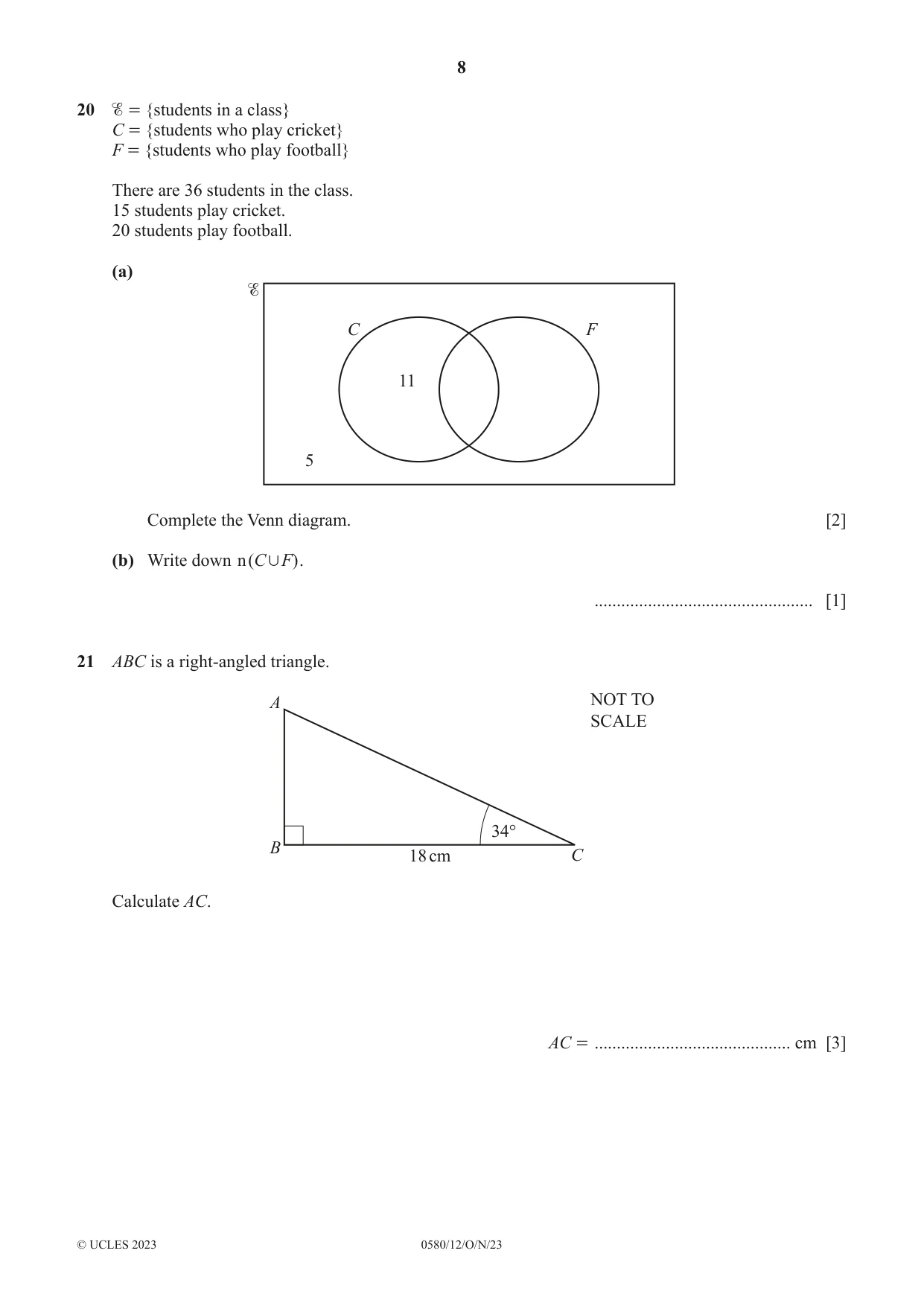 Cambridge IGCSE Mathematics 0580 2023 Oct/Nov Paper 1 · Variant 2 question paper, page 8 of 12