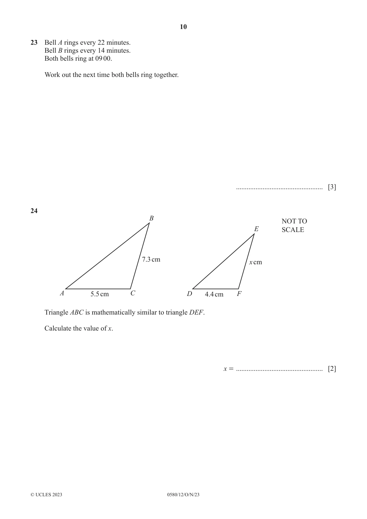 Cambridge IGCSE Mathematics 0580 2023 Oct/Nov Paper 1 · Variant 2 question paper, page 10 of 12