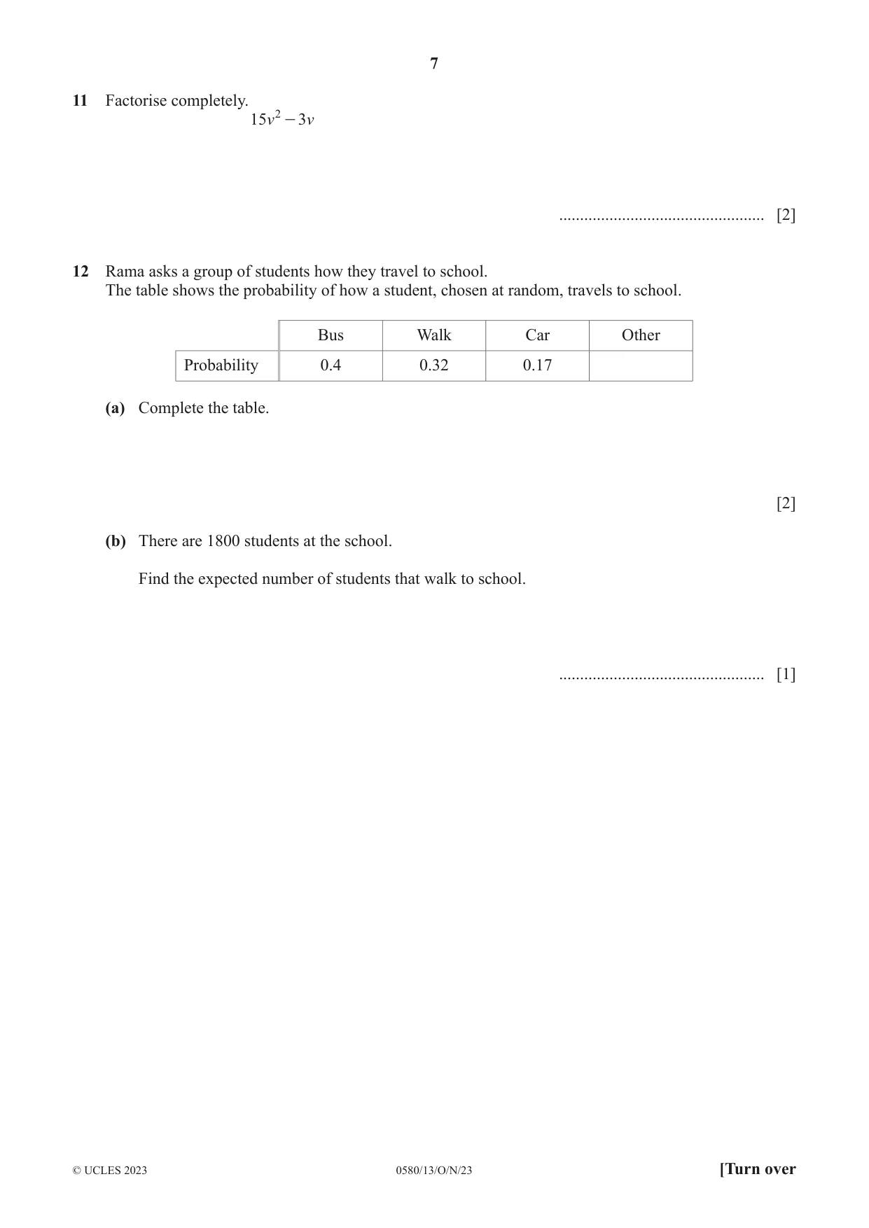 Cambridge IGCSE Mathematics 0580 2023 Oct/Nov Paper 1 · Variant 3 question paper, page 7 of 16