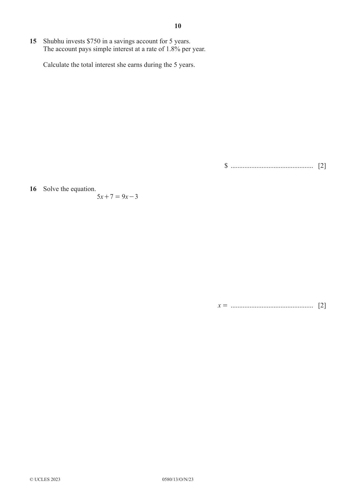 Cambridge IGCSE Mathematics 0580 2023 Oct/Nov Paper 1 · Variant 3 question paper, page 10 of 16