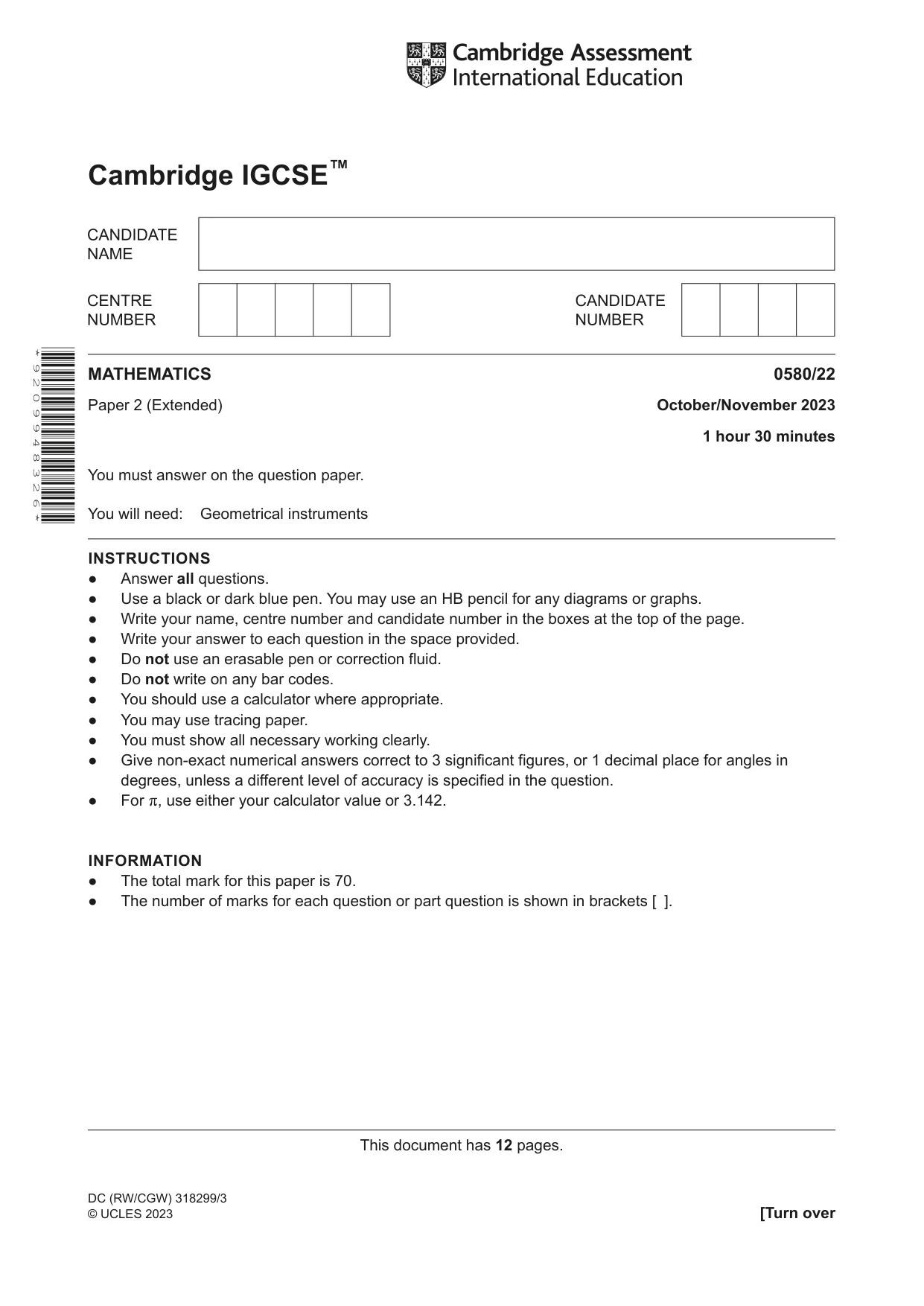 Cambridge IGCSE Mathematics 0580 2023 Oct/Nov Paper 2 · Variant 2 question paper, page 1 of 12