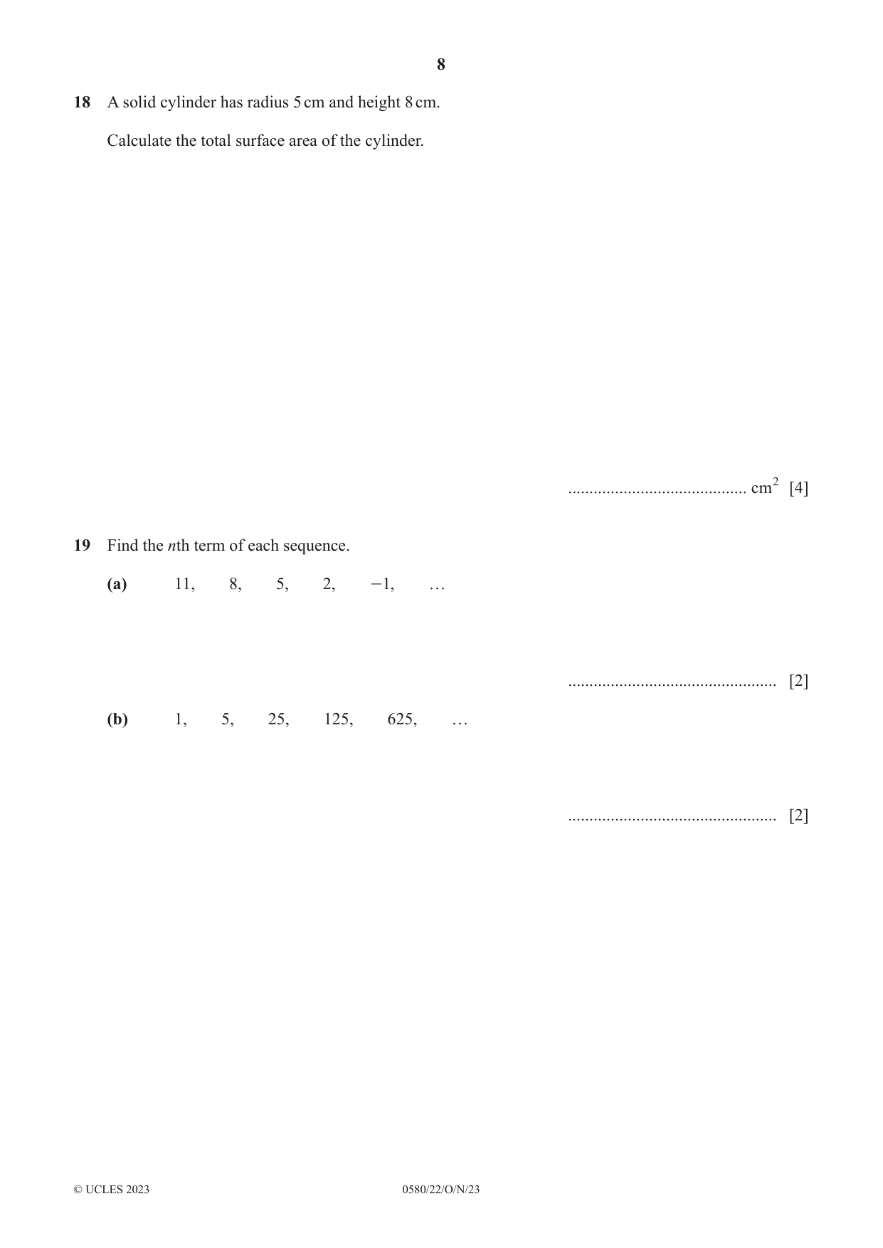 Cambridge IGCSE Mathematics 0580 2023 Oct/Nov Paper 2 · Variant 2 question paper, page 8 of 12