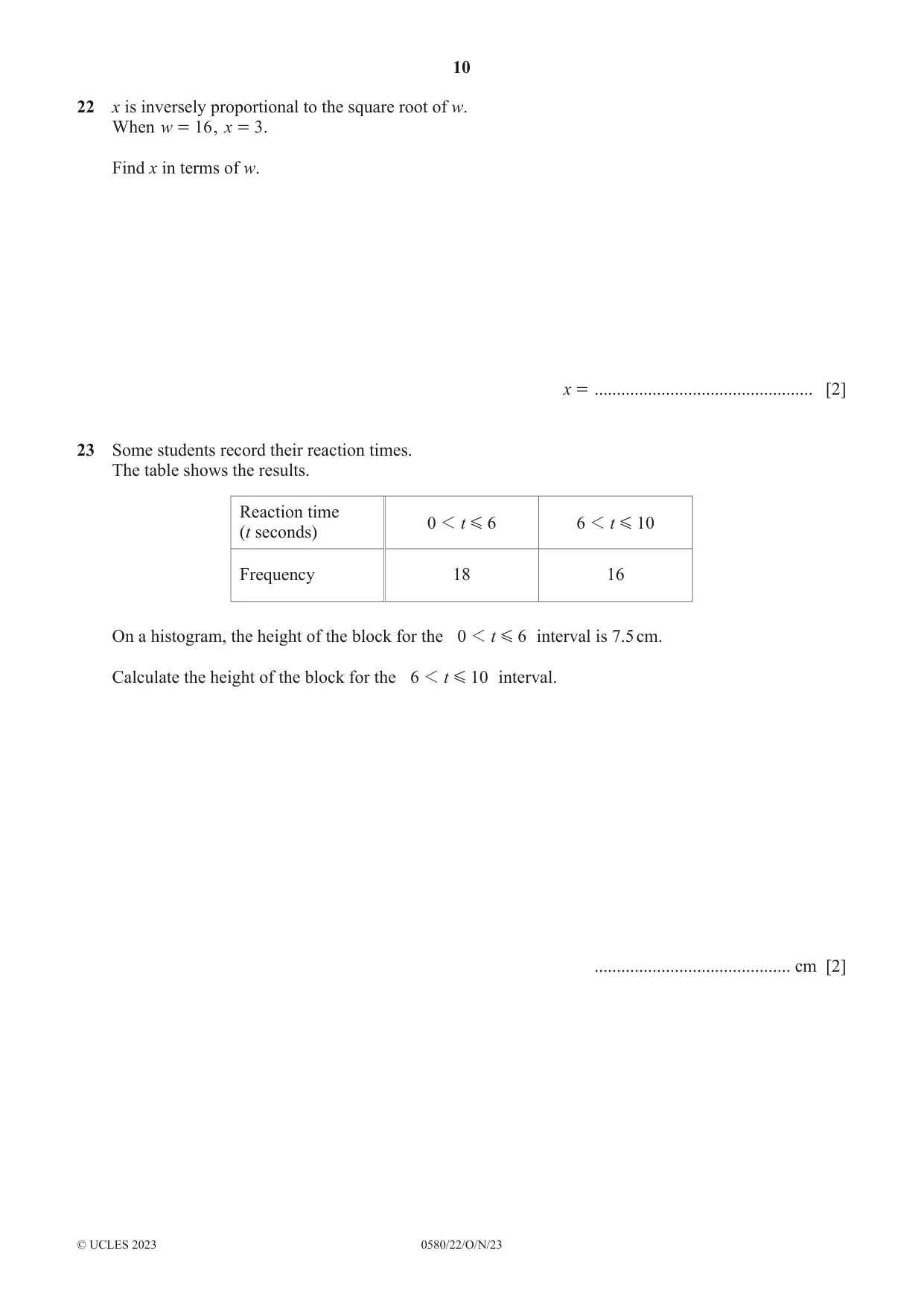 Cambridge IGCSE Mathematics 0580 2023 Oct/Nov Paper 2 · Variant 2 question paper, page 10 of 12