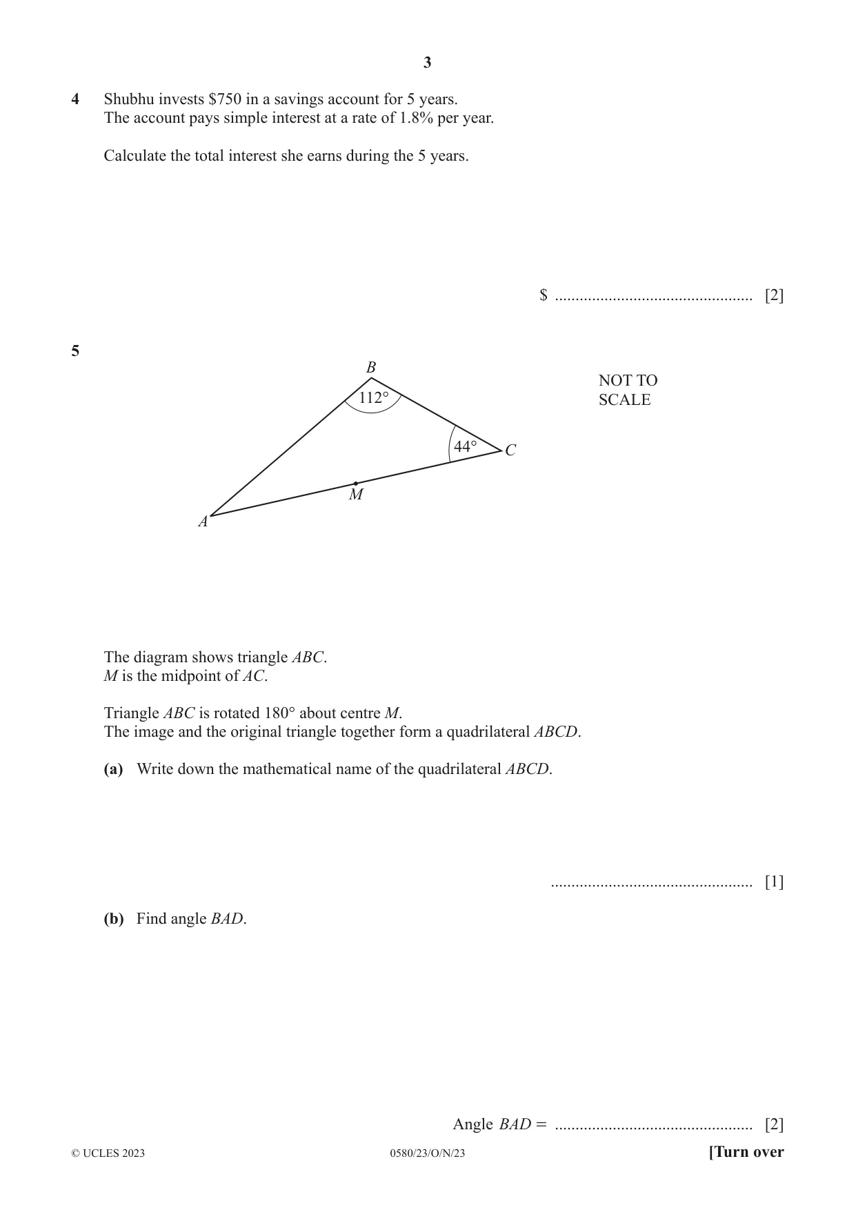 Cambridge IGCSE Mathematics 0580 2023 Oct/Nov Paper 2 · Variant 3 question paper, page 3 of 12