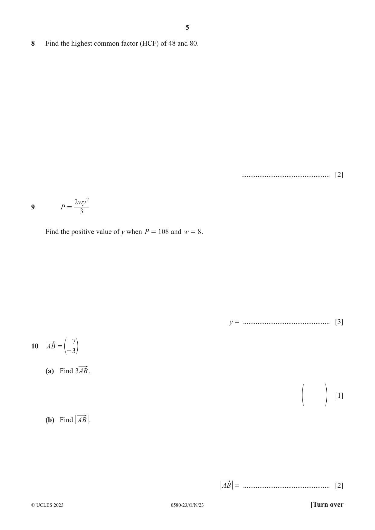 Cambridge IGCSE Mathematics 0580 2023 Oct/Nov Paper 2 · Variant 3 question paper, page 5 of 12