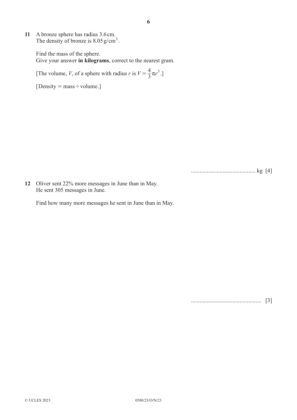 Cambridge IGCSE Mathematics 0580 2023 Oct/Nov Paper 2 · Variant 3 question paper, page 6 of 12