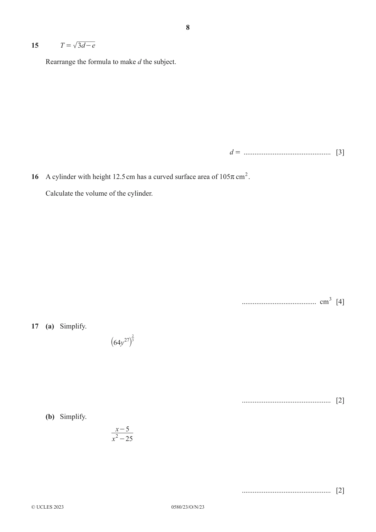 Cambridge IGCSE Mathematics 0580 2023 Oct/Nov Paper 2 · Variant 3 question paper, page 8 of 12
