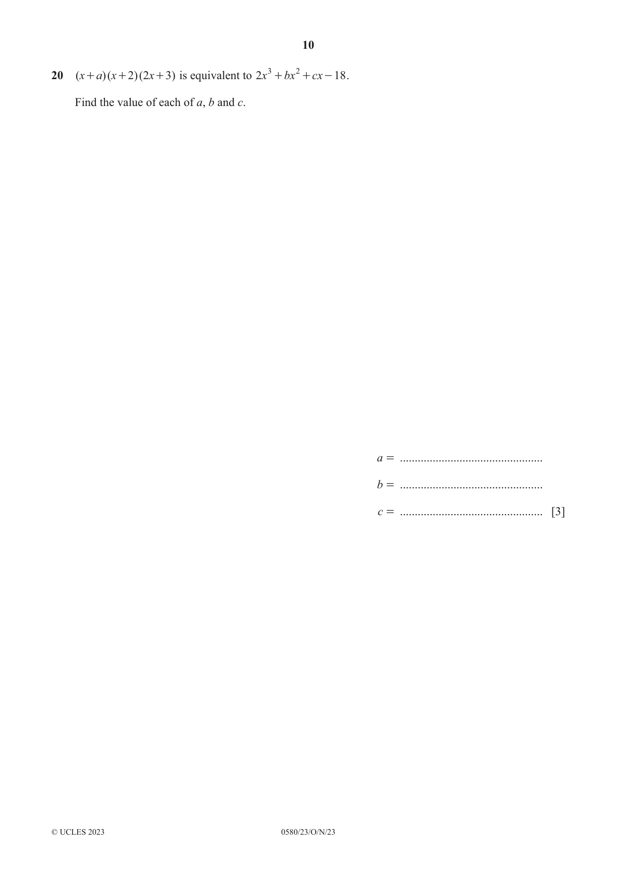 Cambridge IGCSE Mathematics 0580 2023 Oct/Nov Paper 2 · Variant 3 question paper, page 10 of 12