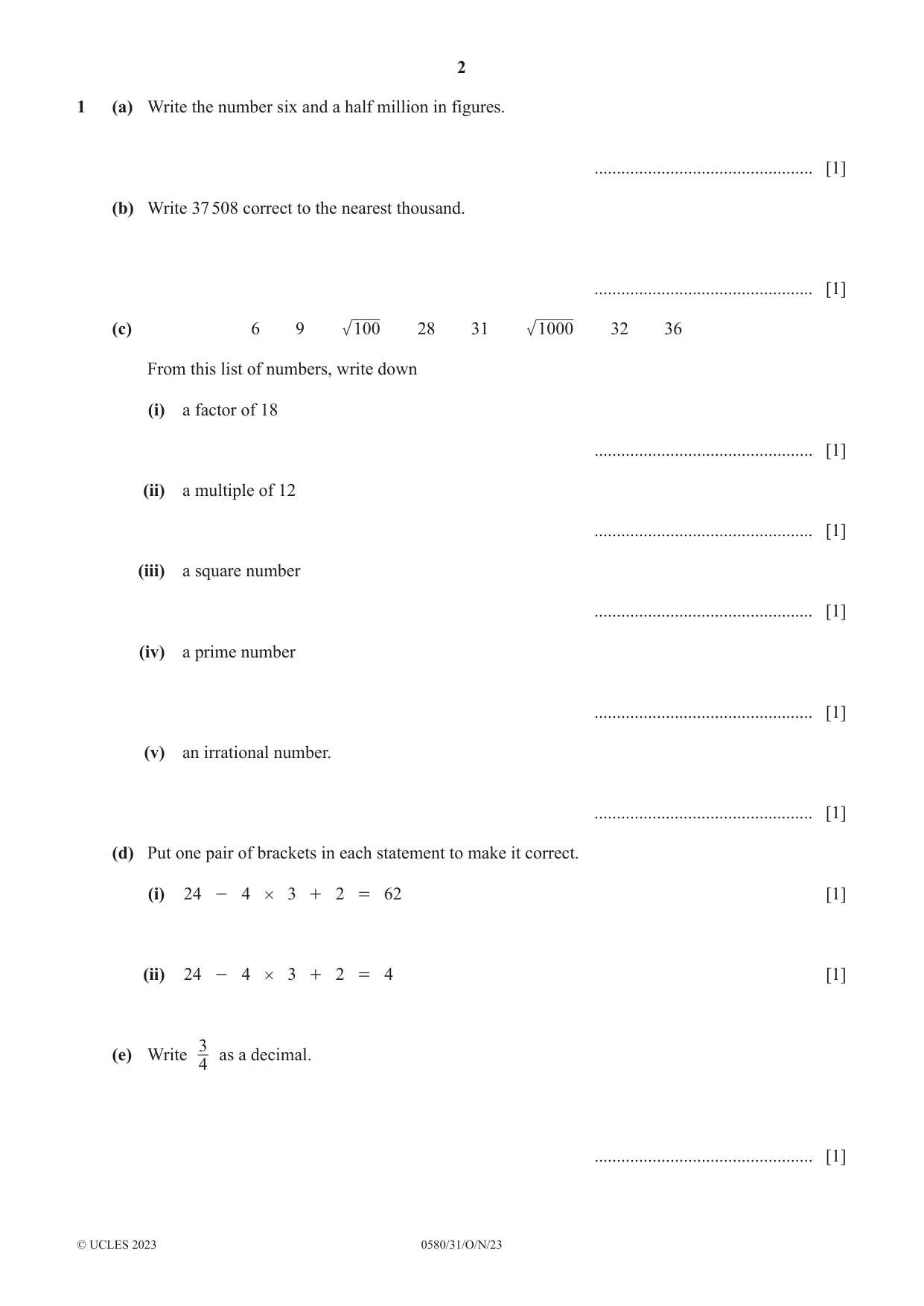 Cambridge IGCSE Mathematics 0580 2023 Oct/Nov Paper 3 · Variant 1 question paper, page 2 of 20