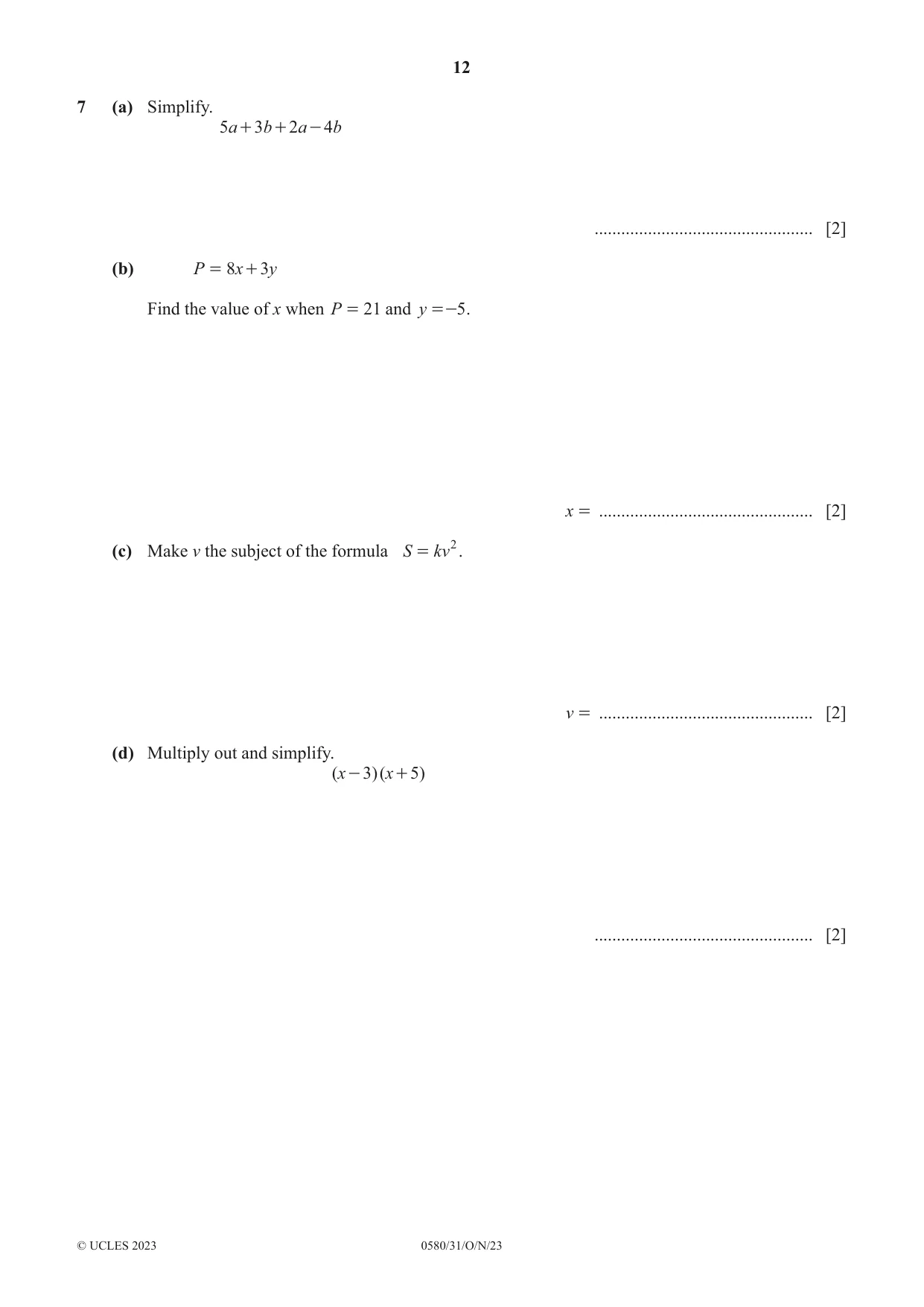 Cambridge IGCSE Mathematics 0580 2023 Oct/Nov Paper 3 · Variant 1 question paper, page 12 of 20