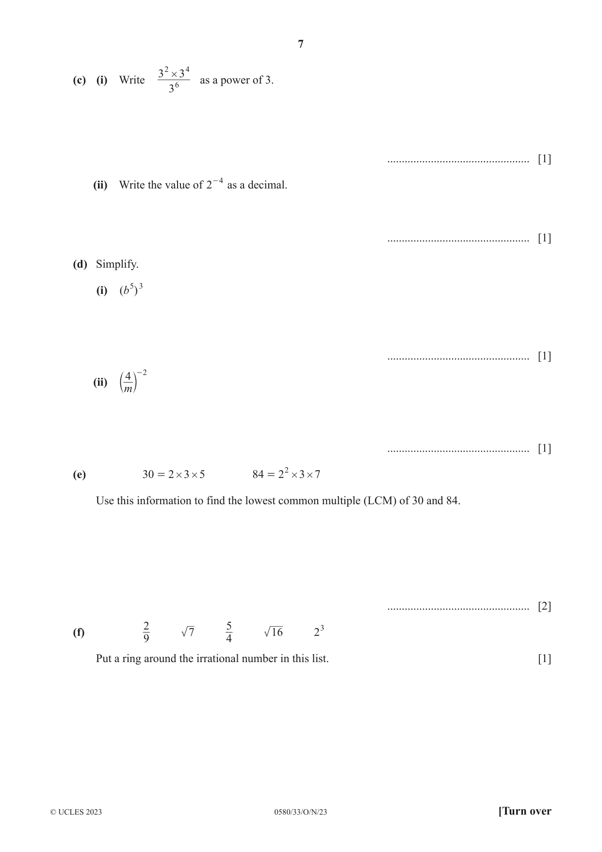 Cambridge IGCSE Mathematics 0580 2023 Oct/Nov Paper 3 · Variant 3 question paper, page 7 of 20