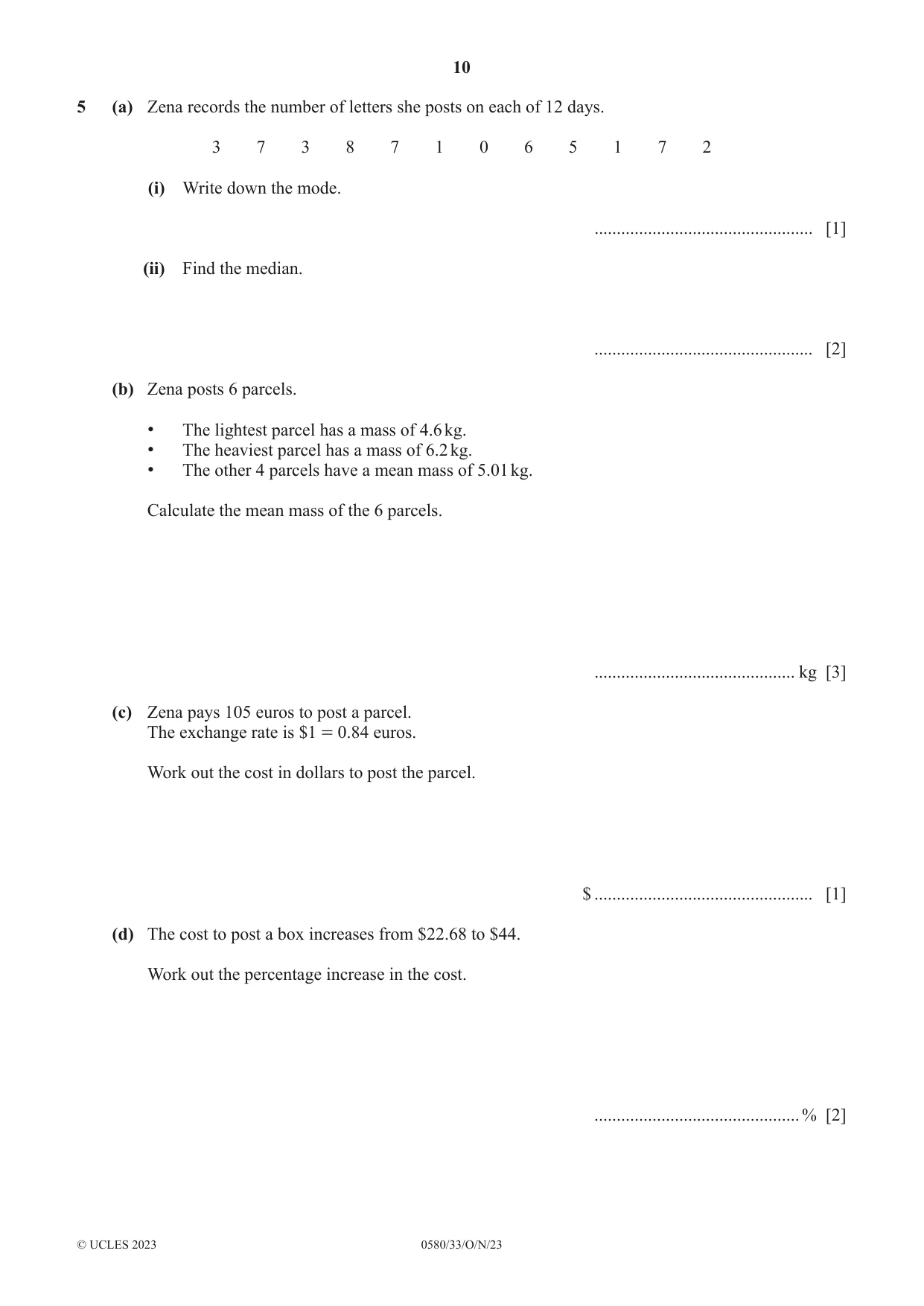 Cambridge IGCSE Mathematics 0580 2023 Oct/Nov Paper 3 · Variant 3 question paper, page 10 of 20
