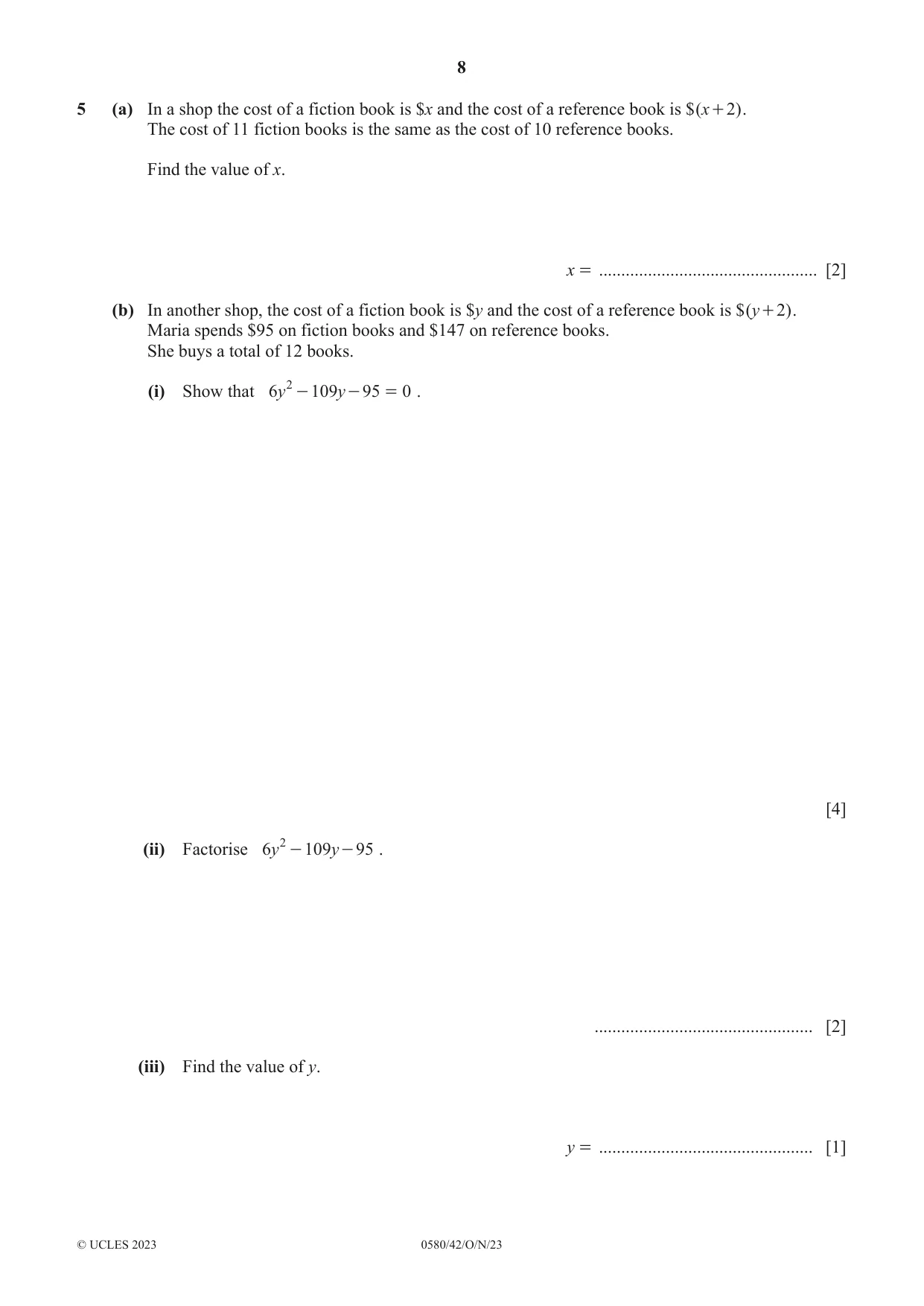 Cambridge IGCSE Mathematics 0580 2023 Oct/Nov Paper 4 · Variant 2 question paper, page 8 of 20