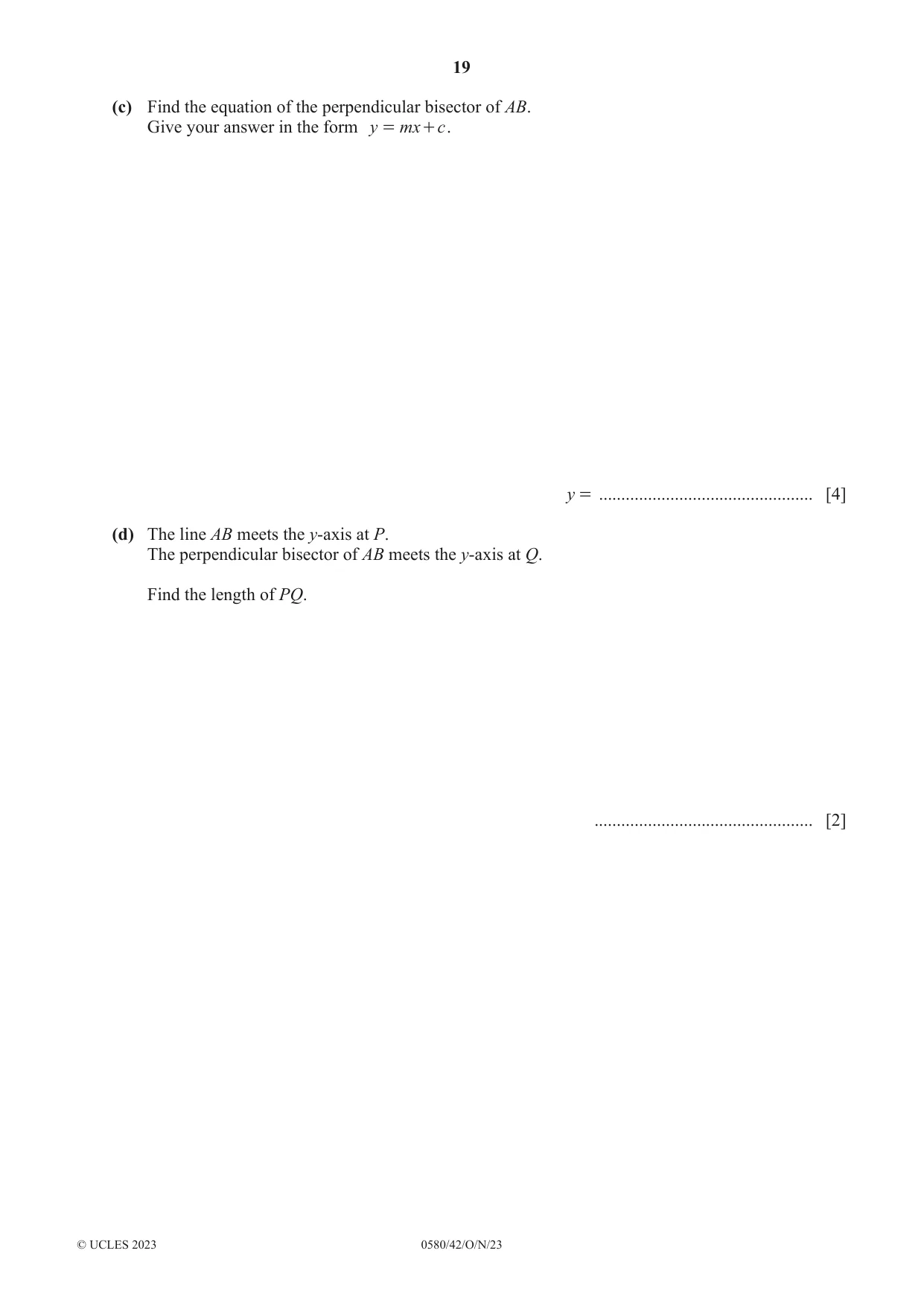 Cambridge IGCSE Mathematics 0580 2023 Oct/Nov Paper 4 · Variant 2 question paper, page 19 of 20