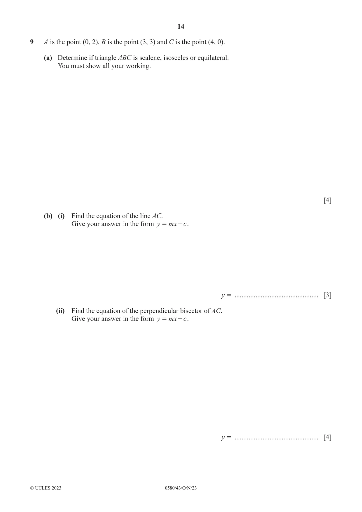 Cambridge IGCSE Mathematics 0580 2023 Oct/Nov Paper 4 · Variant 3 question paper, page 14 of 20