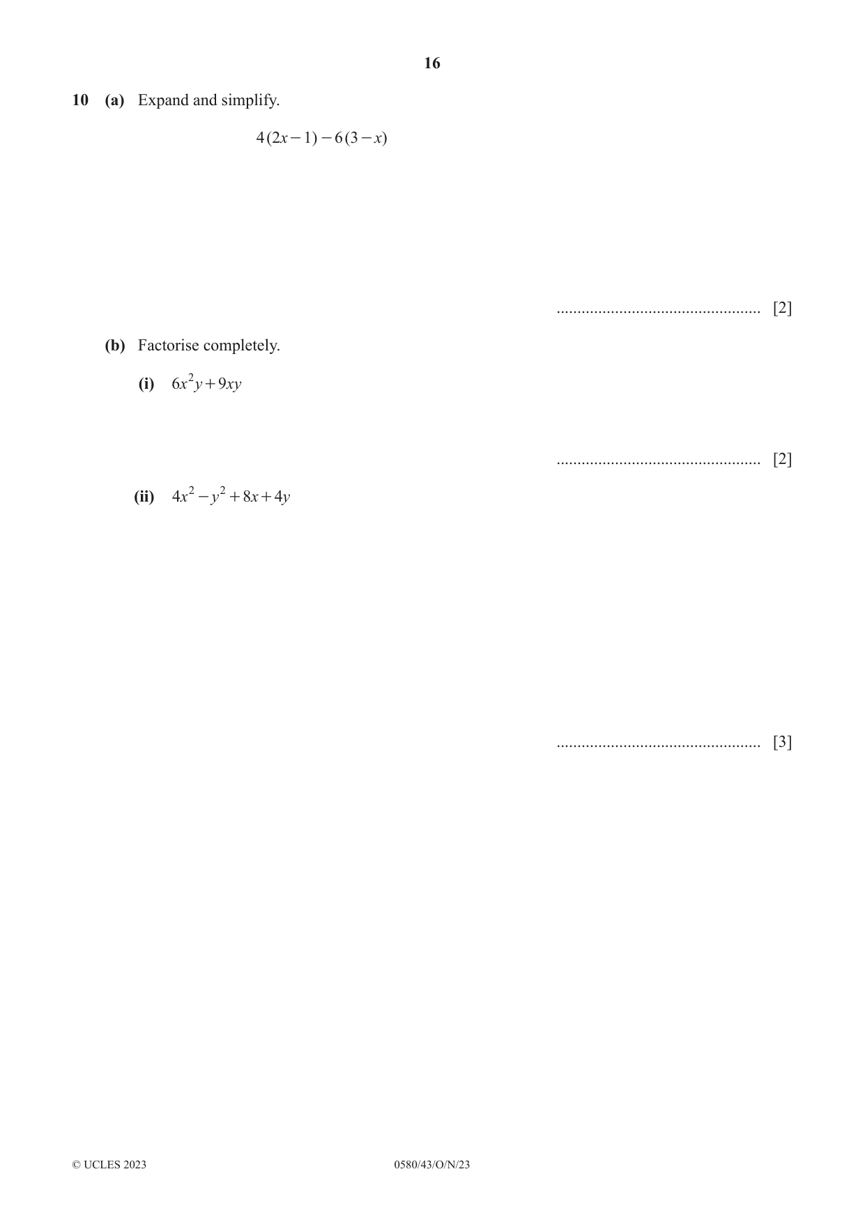 Cambridge IGCSE Mathematics 0580 2023 Oct/Nov Paper 4 · Variant 3 question paper, page 16 of 20