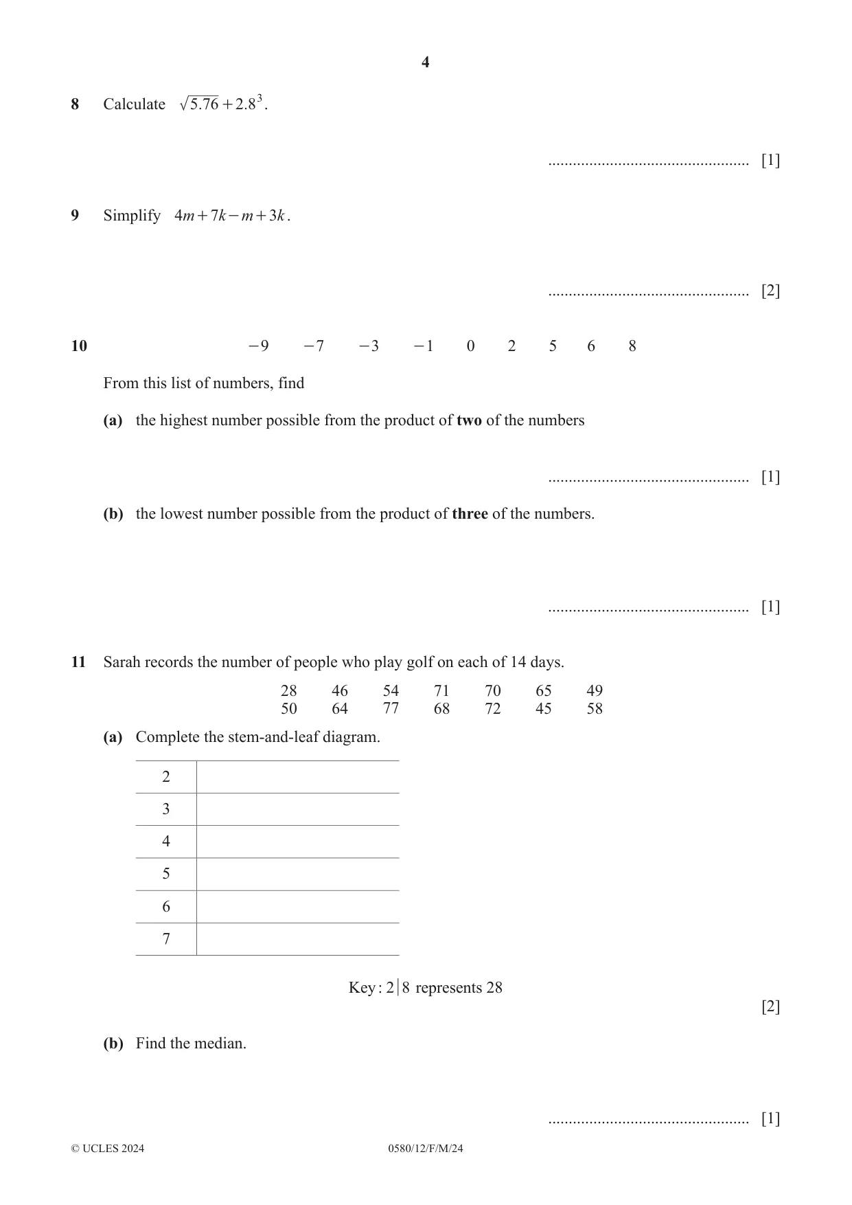 Cambridge IGCSE Mathematics 0580 2024 Feb/March Paper 1 · Variant 2 question paper, page 4 of 12