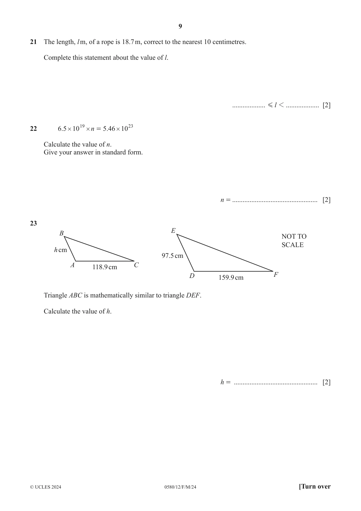 Cambridge IGCSE Mathematics 0580 2024 Feb/March Paper 1 · Variant 2 question paper, page 9 of 12