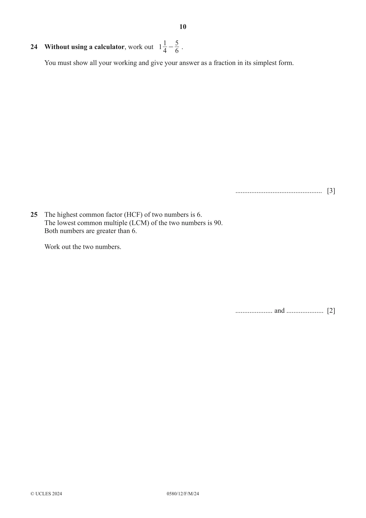 Cambridge IGCSE Mathematics 0580 2024 Feb/March Paper 1 · Variant 2 question paper, page 10 of 12