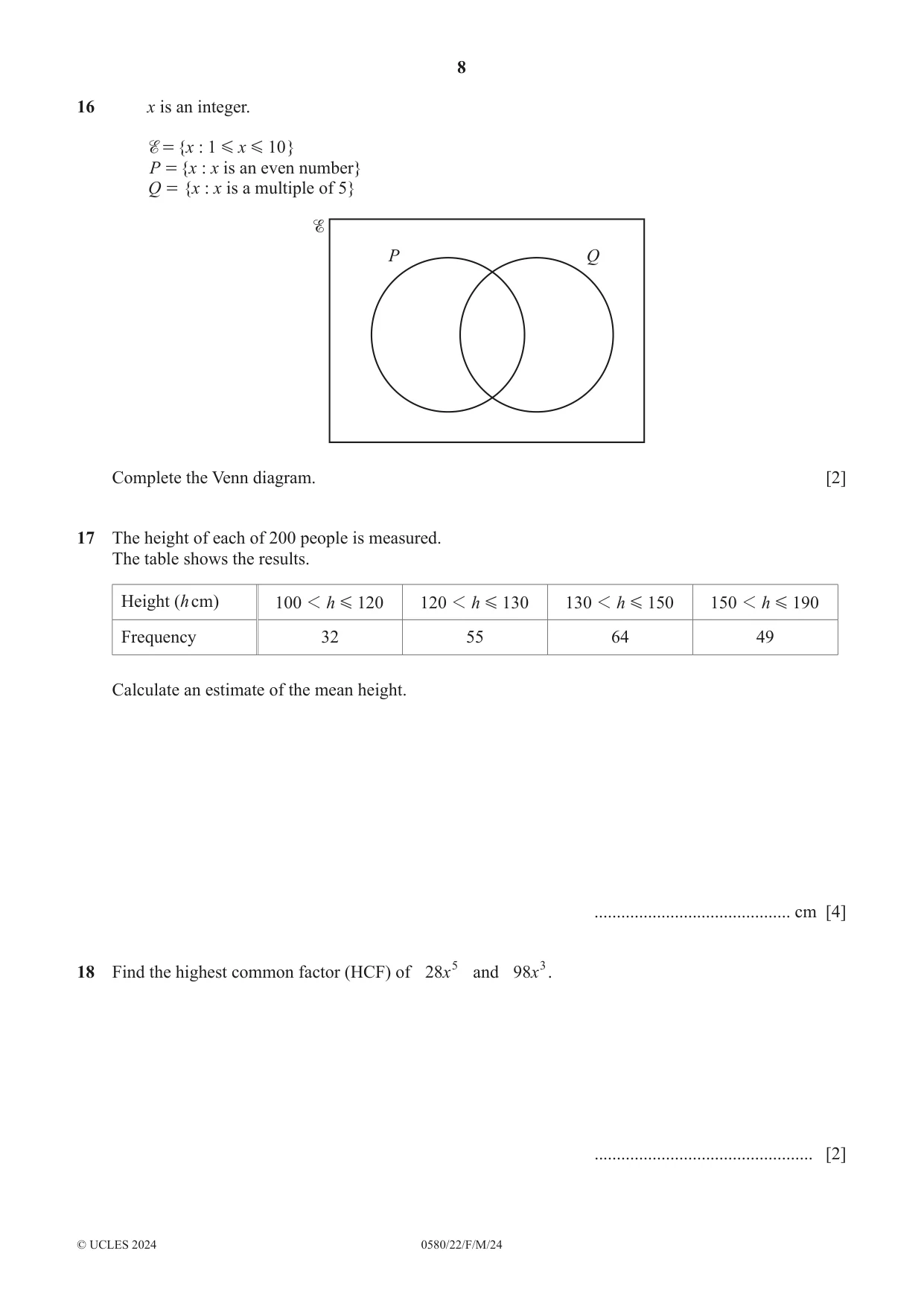 Cambridge IGCSE Mathematics 0580 2024 Feb/March Paper 2 · Variant 2 question paper, page 8 of 12