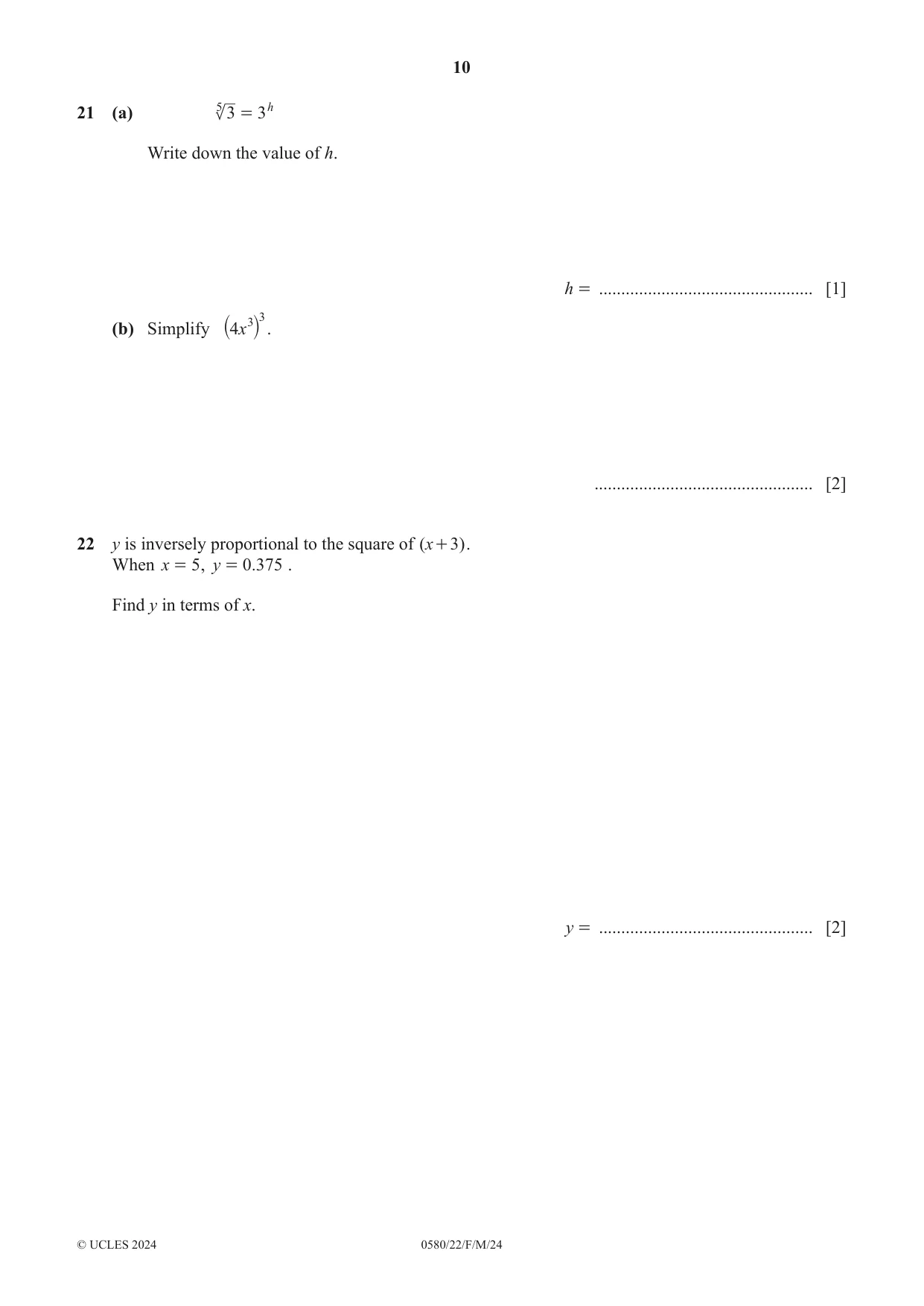 Cambridge IGCSE Mathematics 0580 2024 Feb/March Paper 2 · Variant 2 question paper, page 10 of 12