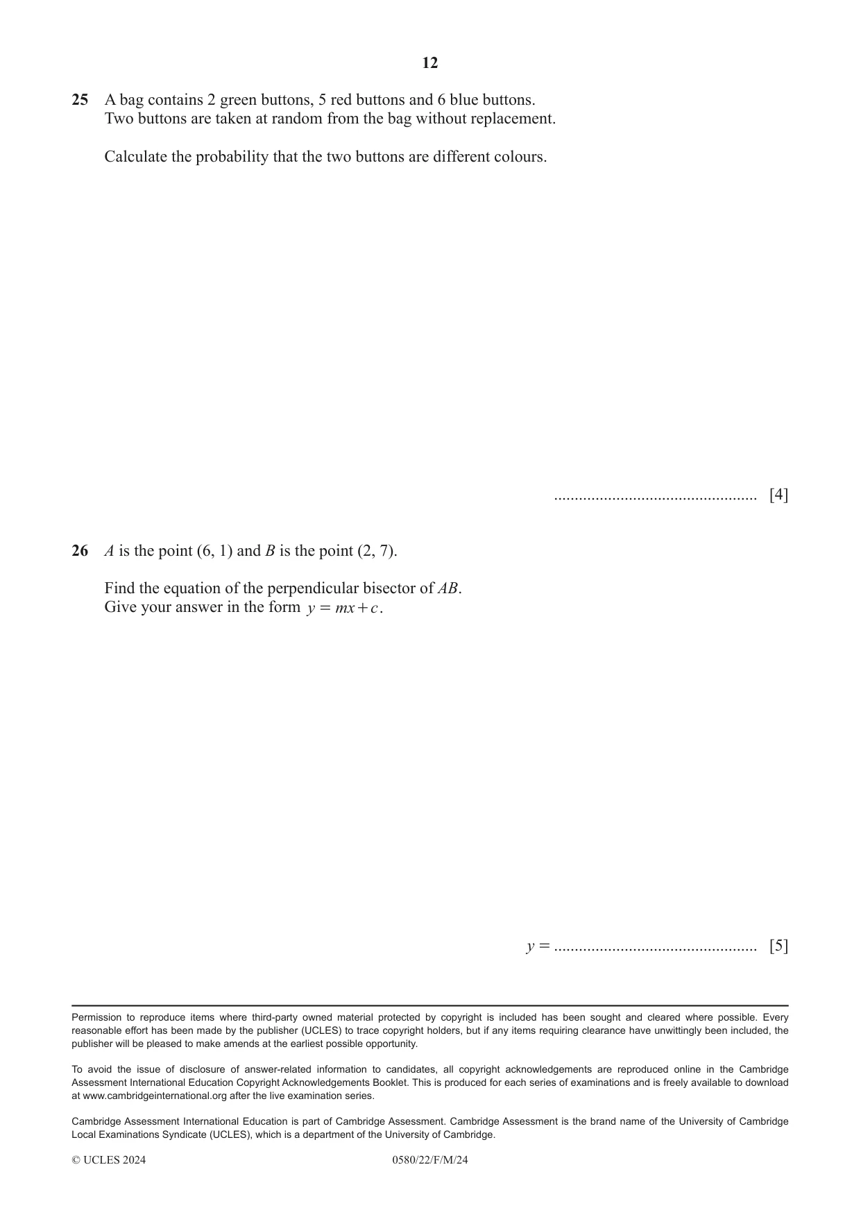 Cambridge IGCSE Mathematics 0580 2024 Feb/March Paper 2 · Variant 2 question paper, page 12 of 12